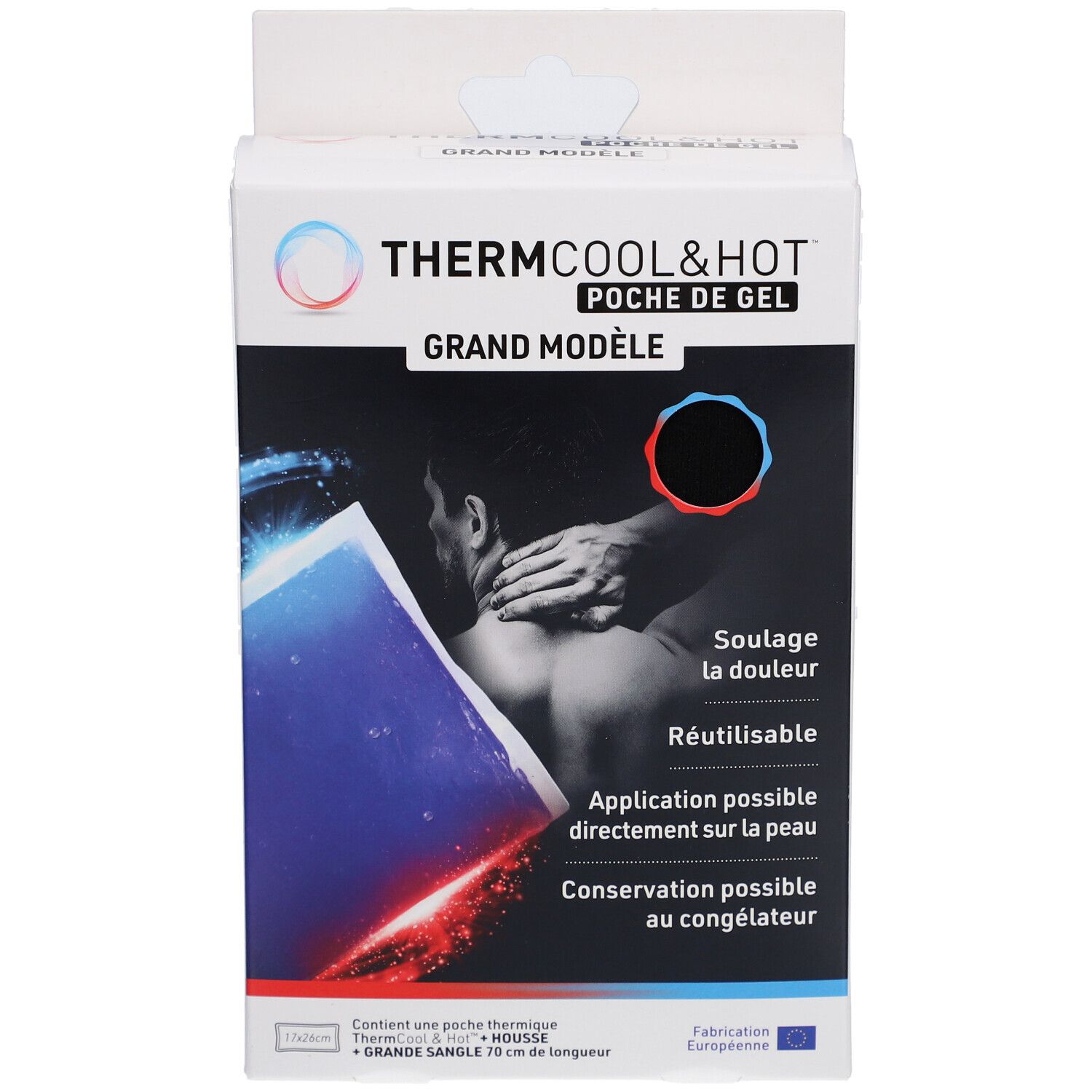 Productverpakking. Tekst: Thermcool & Hot, Grand Modèle. Afbeelding van man met nekpijn.