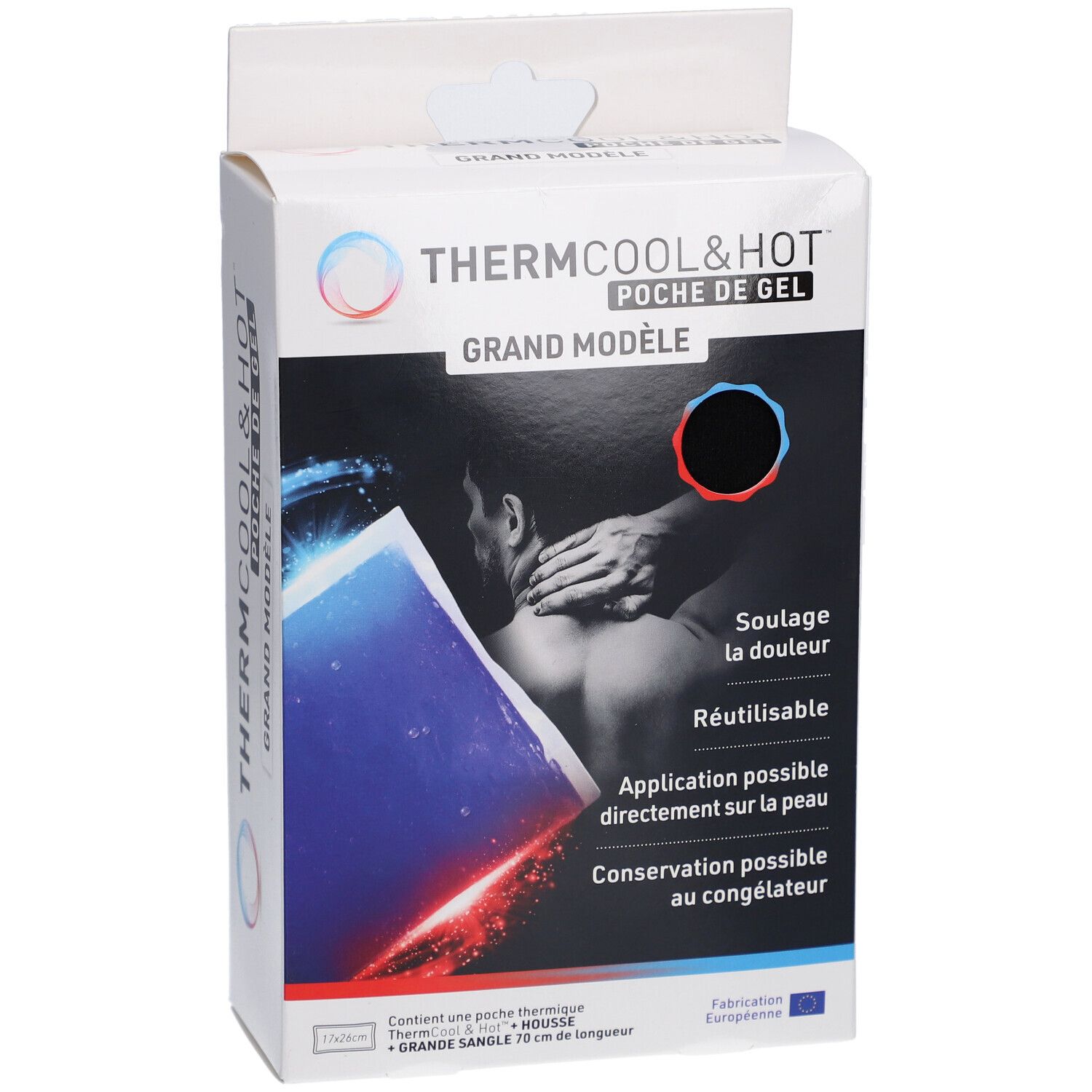Productverpakking. Tekst: Thermcool & Hot, Grand Modèle. Afbeelding van man met nekpijn.