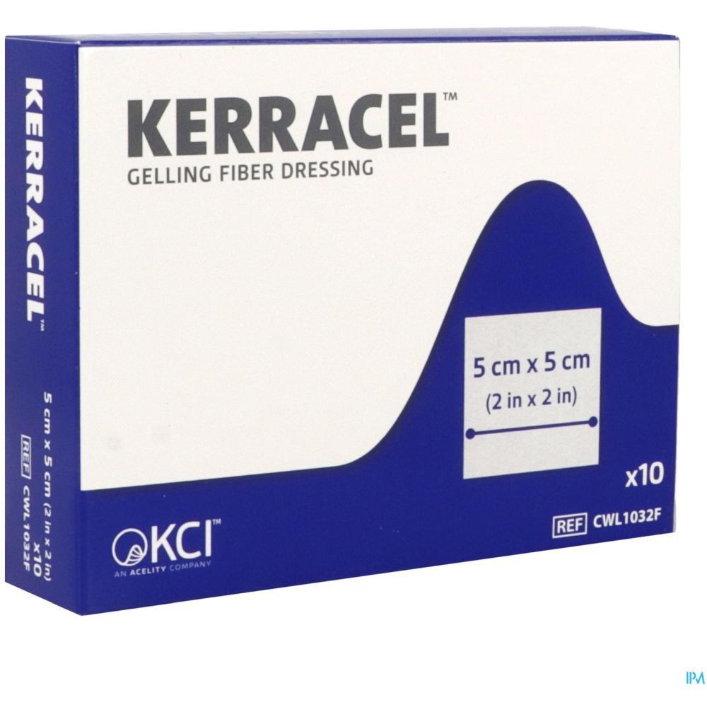 Kerracel verpakking, 5 x 5 cm. Blauwe doos met productnaam, afmetingen en logo fabrikant.