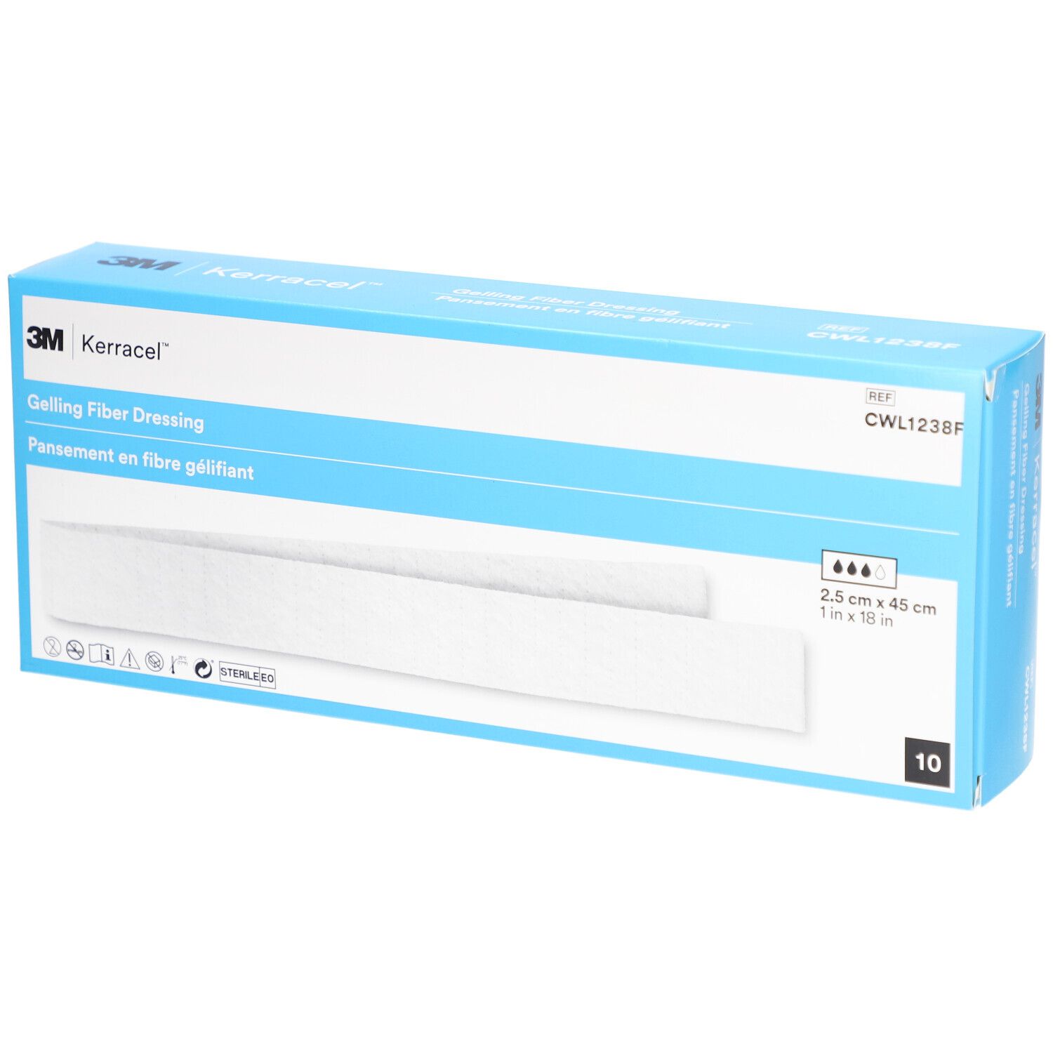Boîte 3M Kerracel Gelling Fiber Dressing. Boîte bleue avec informations produit, pansement et indication de taille.