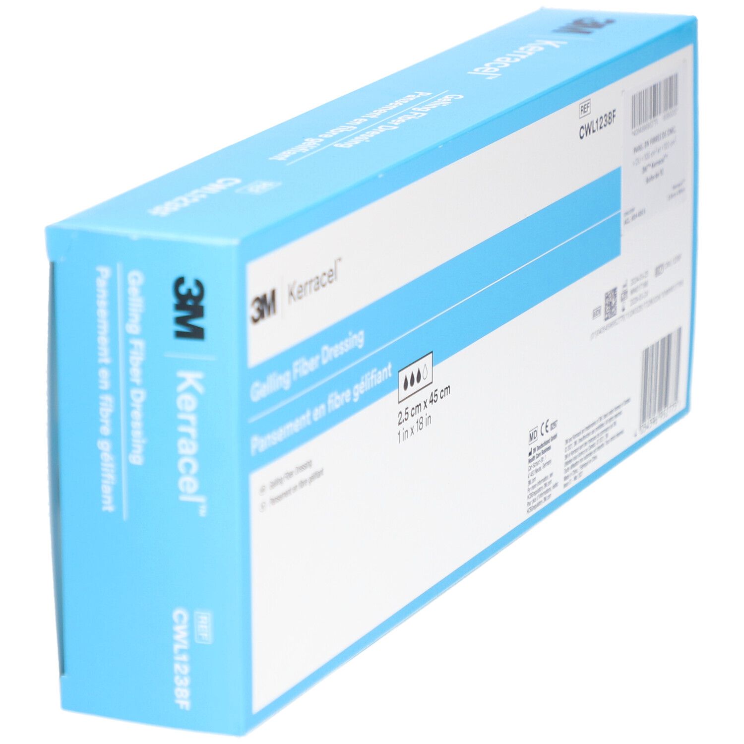 Boîte 3M Kerracel Gelling Fiber Dressing. Boîte bleue avec informations produit, pansement et indication de taille.