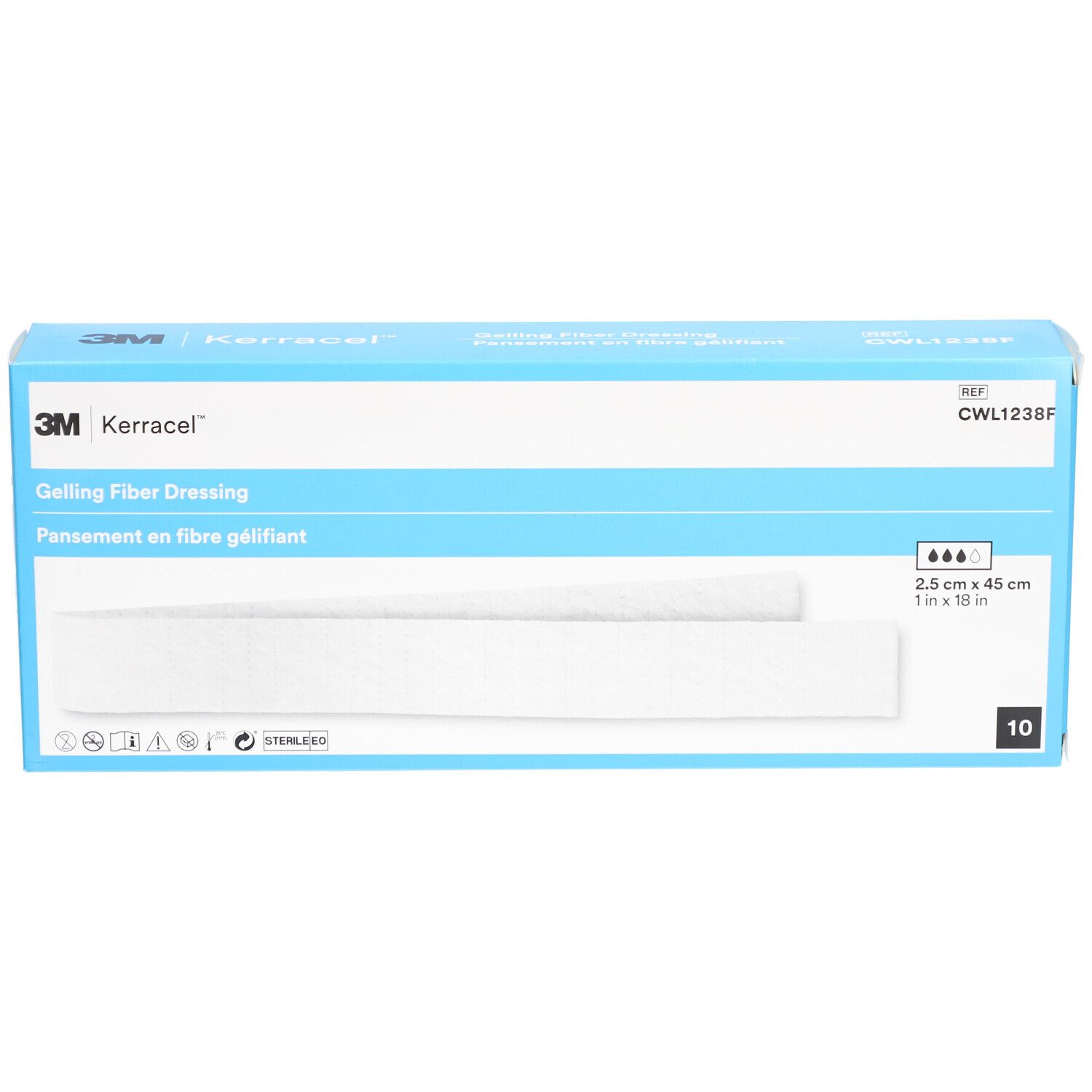 Boîte 3M Kerracel Gelling Fiber Dressing. Boîte bleue avec informations produit, pansement et indication de taille.