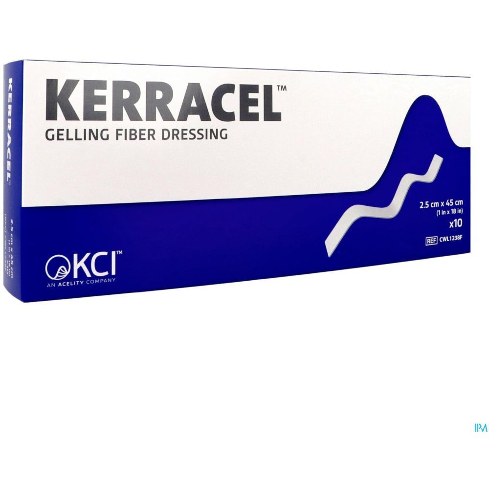 Emballage Kerracel Gelling Fiber Dressing. Boîte bleue et blanche. Nom du produit, taille et logo visibles.