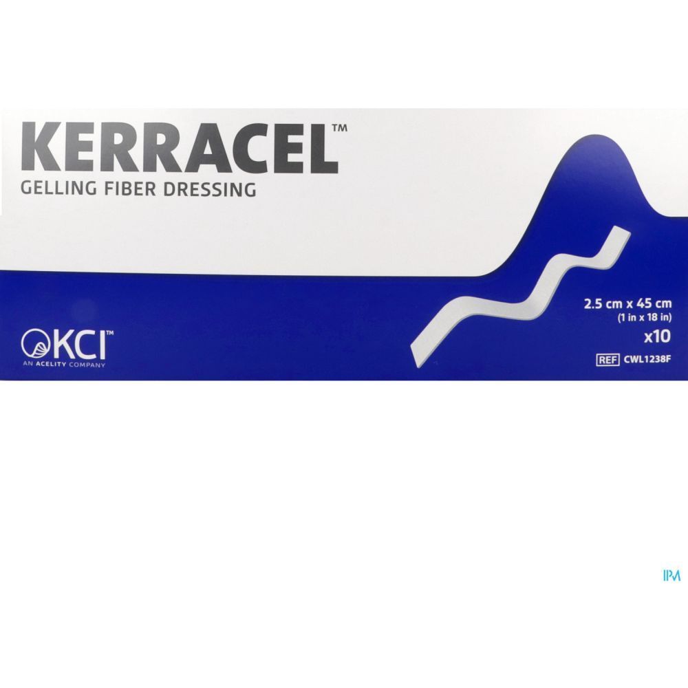 Emballage Kerracel Gelling Fiber Dressing. Boîte bleue et blanche. Nom du produit, taille et logo visibles.