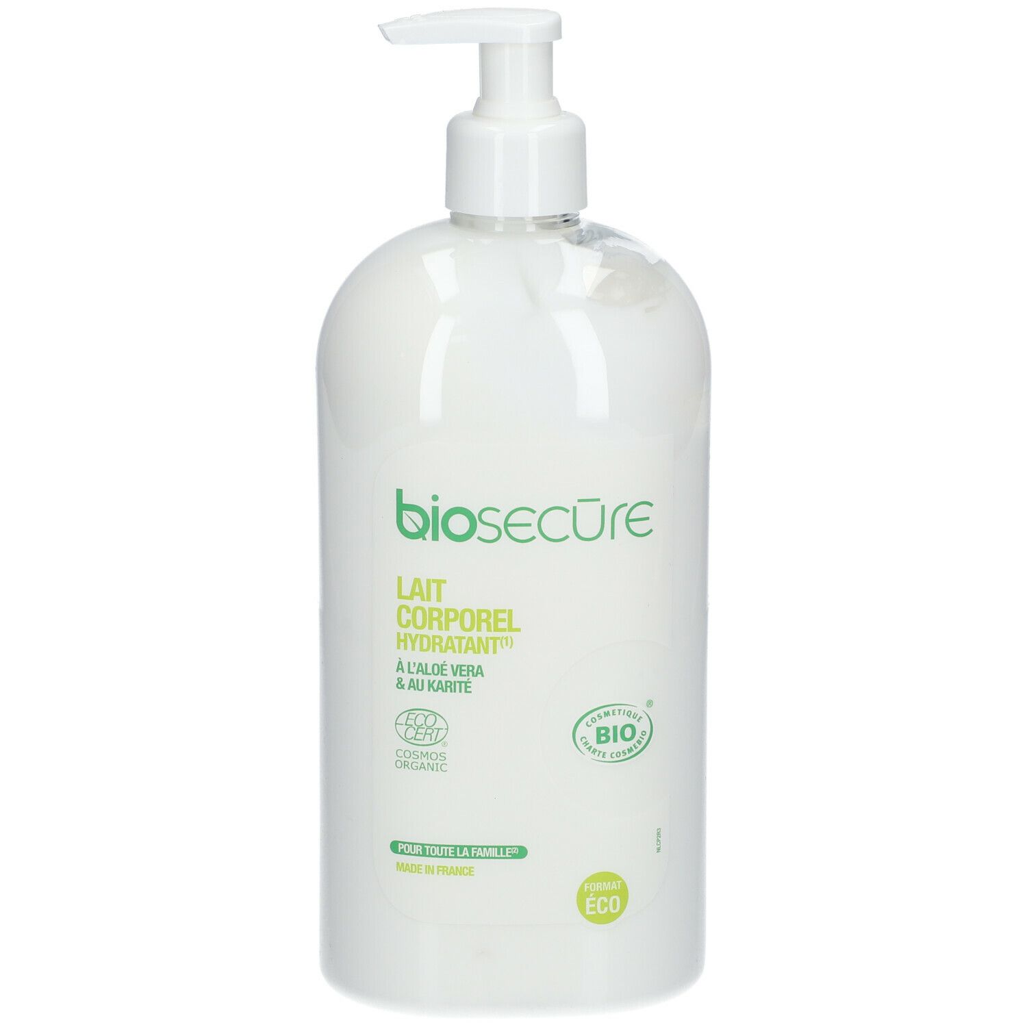 Witte fles met pomp. Opschrift: bio secure, Lait Corporel Hydratant, Aloe Vera & Karité. Bio-keurmerk.