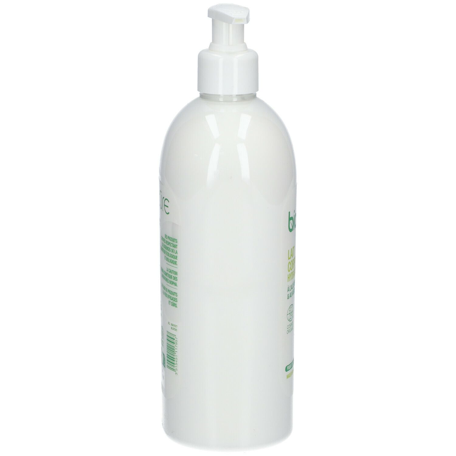 Witte fles met pomp, zijaanzicht. Tekst en logo's op de fles. Bio-keurmerk.