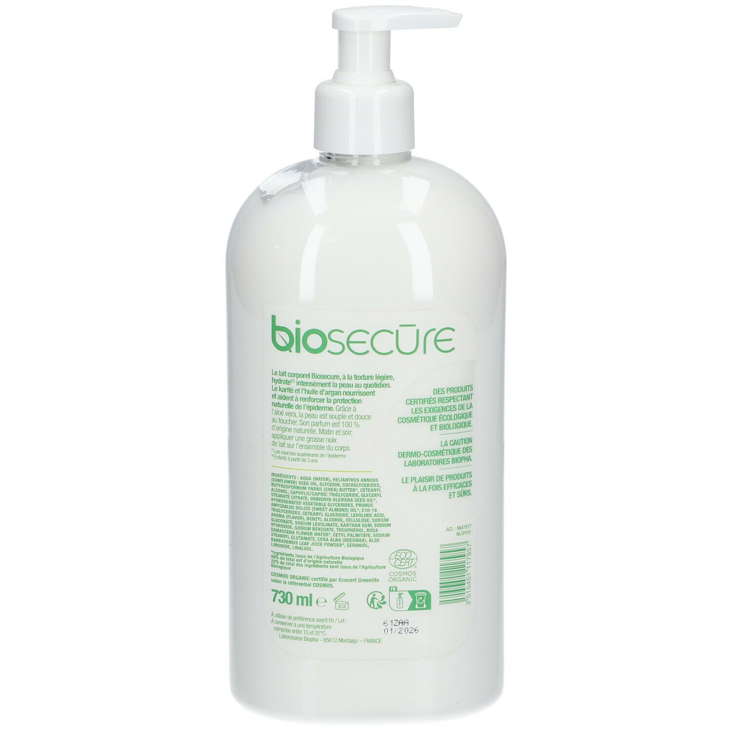 Witte fles met pomp, achterkant. Tekst en logo's. Volume: 730 ml. Bio-keurmerk.