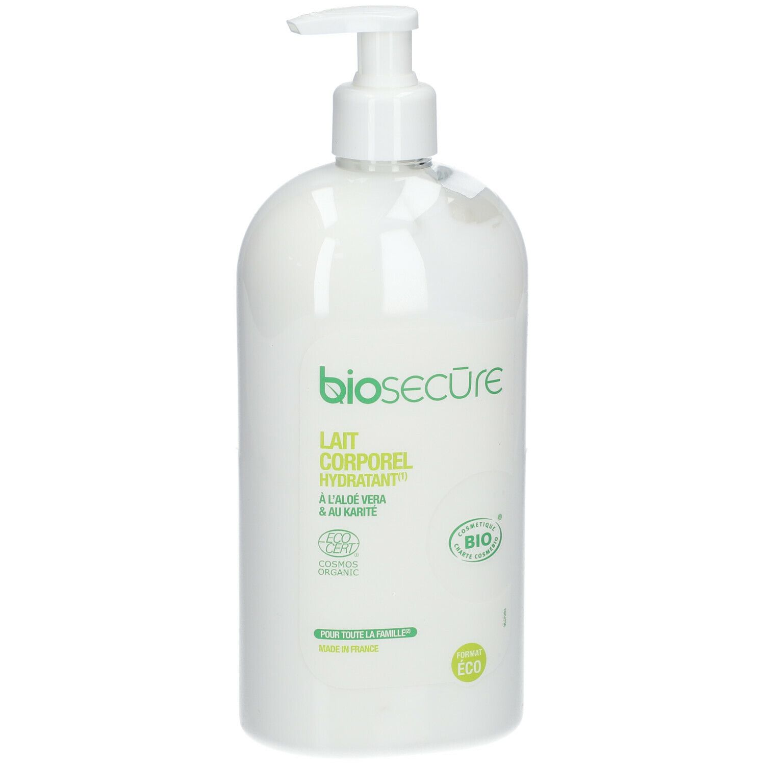 Witte fles met pomp. Opschrift: bio secure, Lait Corporel Hydratant, Aloe Vera & Karité. Bio-keurmerk.