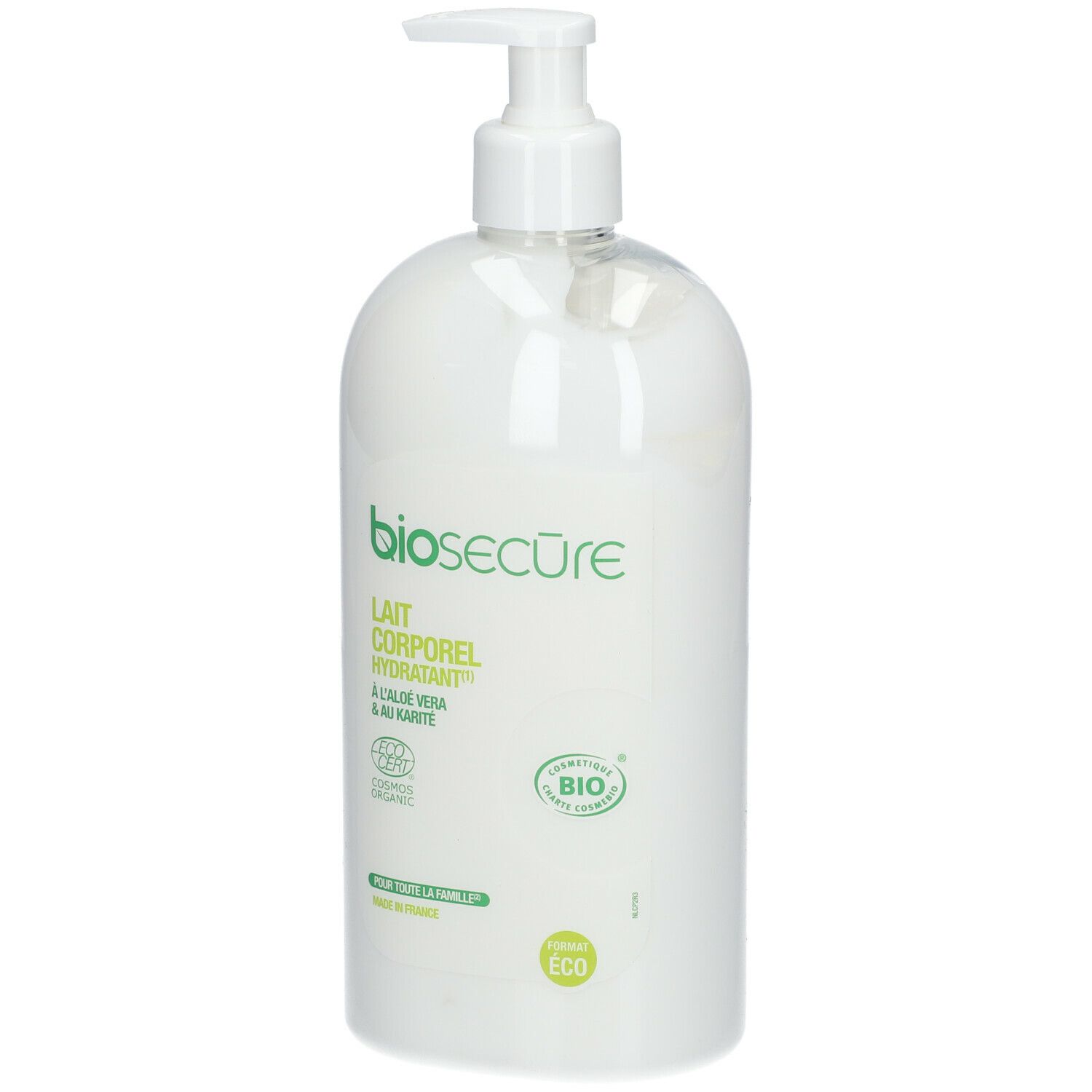 Witte fles met pomp. Opschrift: bio secure, Lait Corporel Hydratant, Aloe Vera & Karité. Bio-keurmerk.