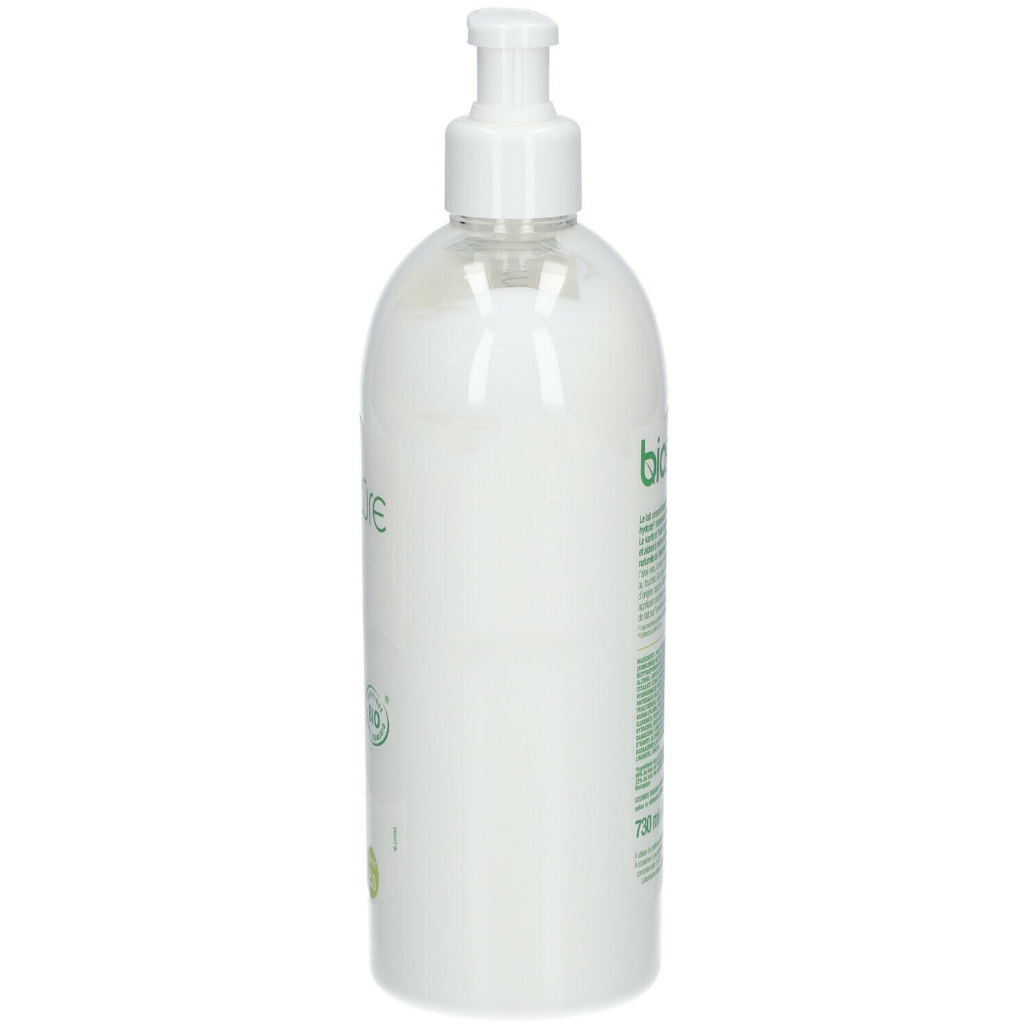 Witte fles met pomp, zijaanzicht. Tekst en logo's op de fles. Bio-keurmerk.
