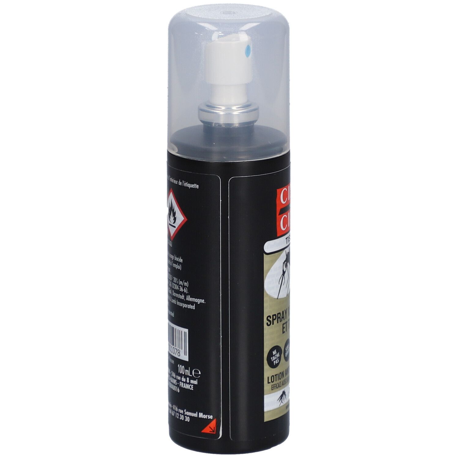 Flacon spray noir avec tête blanche et capuchon transparent. Sur le côté, avertissements et texte.