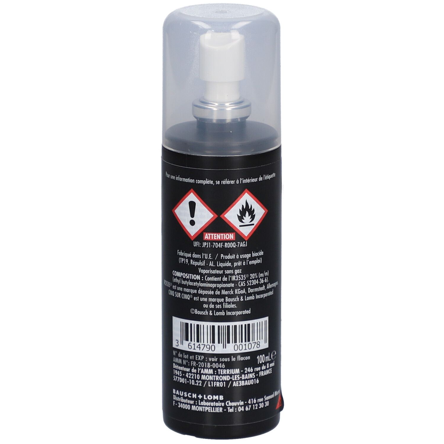 Flacon spray noir avec tête blanche et capuchon transparent. Sur le côté, avertissements et texte.