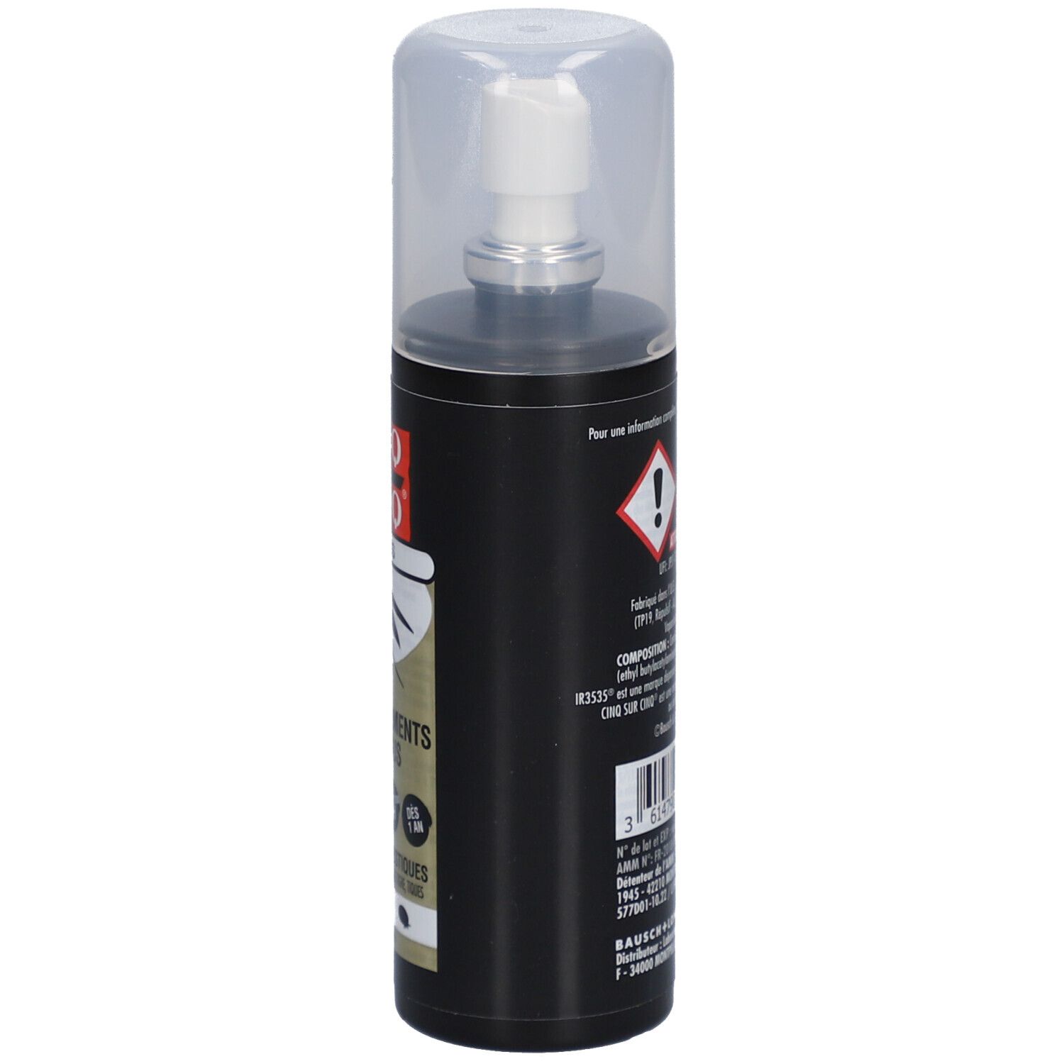 Flacon spray noir avec tête blanche et capuchon transparent. Sur le côté, avertissements et texte.