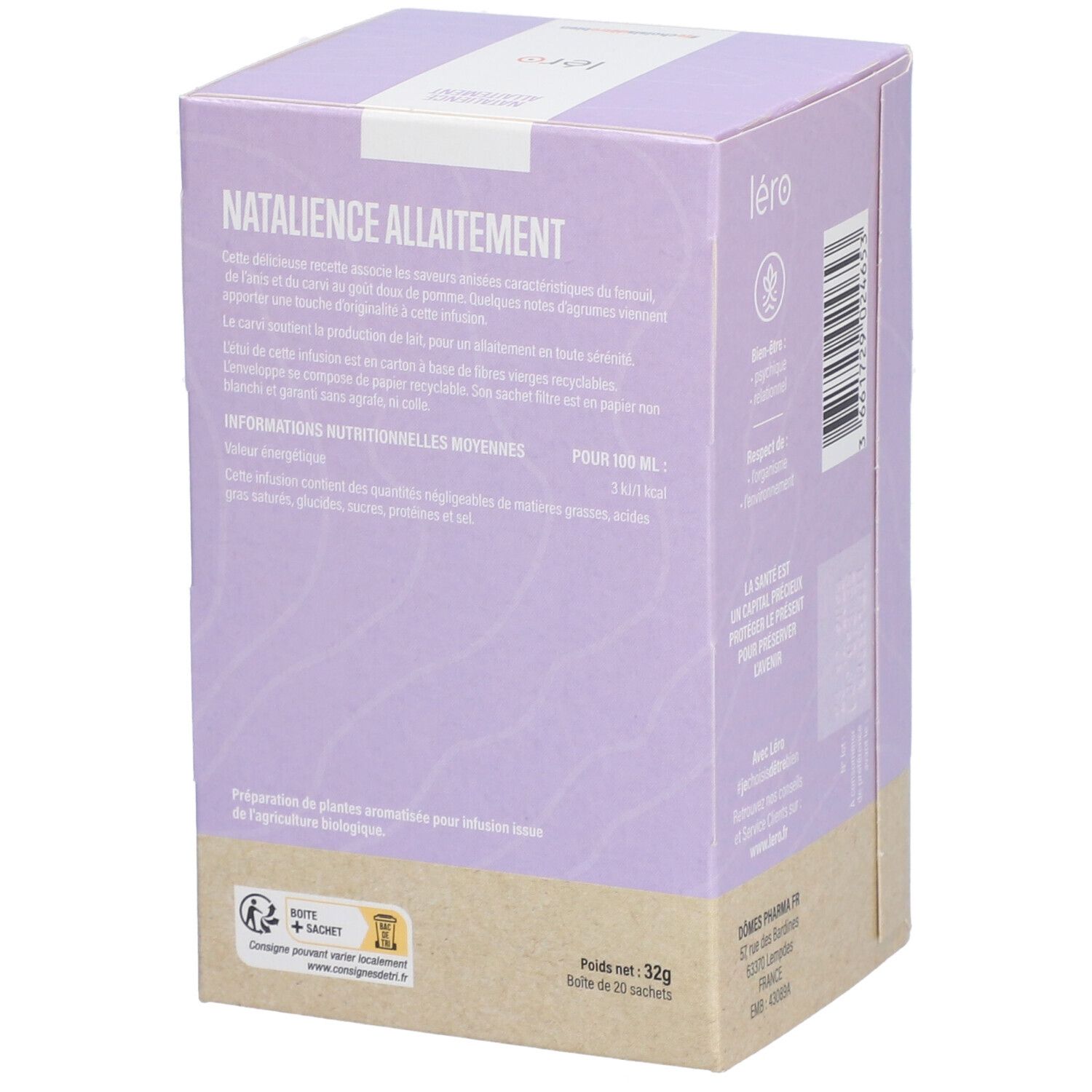 Achterkant van de lila doos. Tekst, voedingswaarde, logo. "Natalience Allaitement".