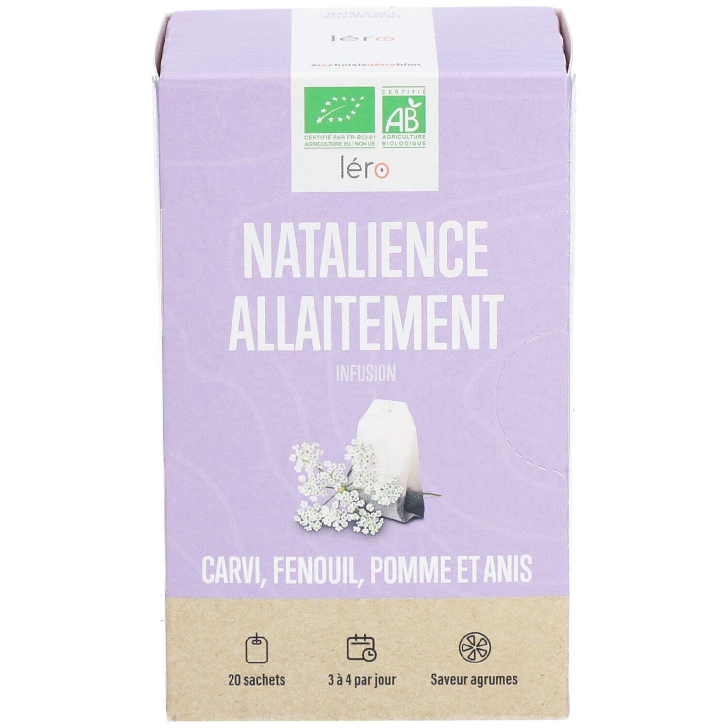 Vooraanzicht van de lila doos. "Natalience Allaitement" en logo. 20 zakjes, 3-4 per dag.
