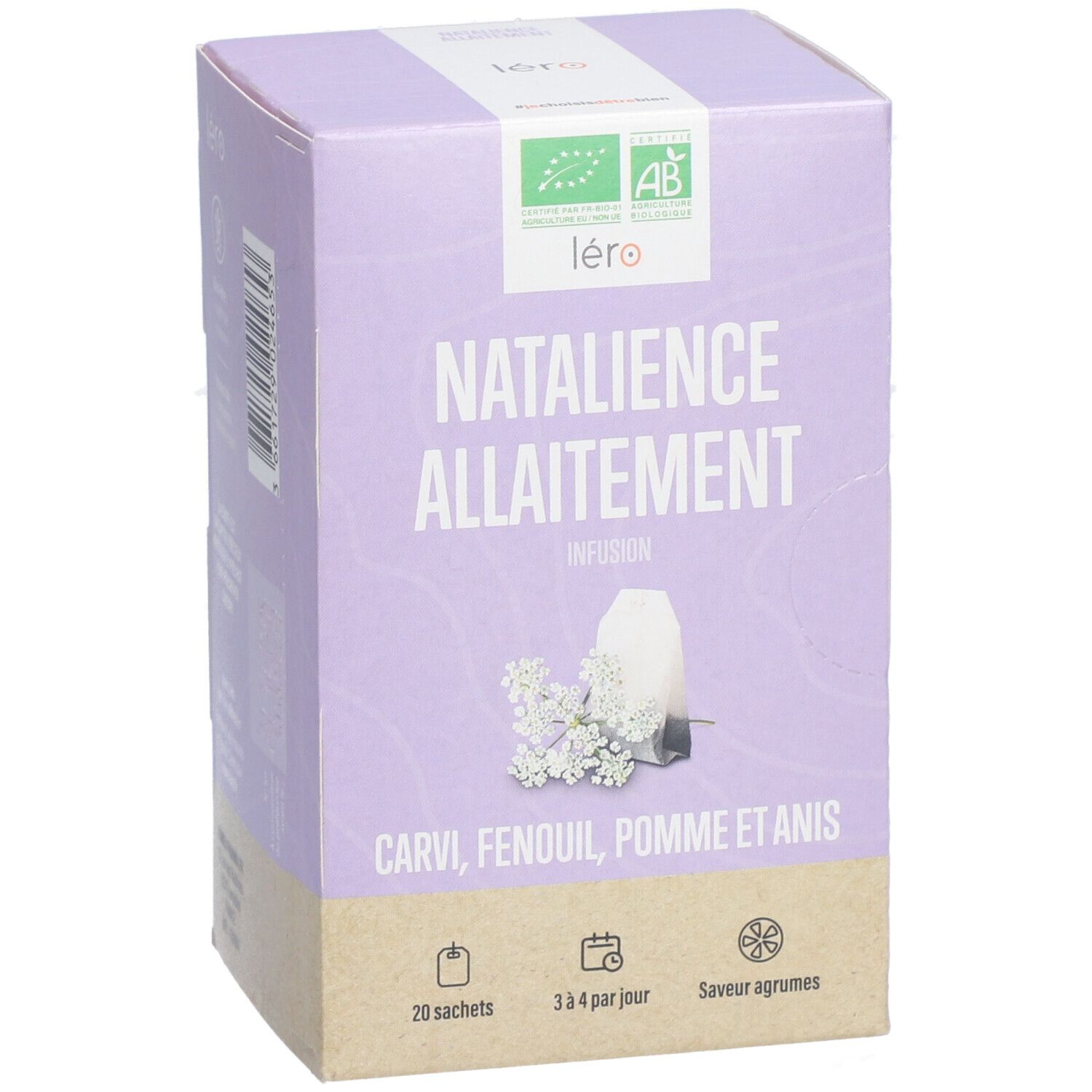 Doos, lila, "Natalience Allaitement" en logo. 20 zakjes, 3-4 per dag, citrus smaak. Bio-label.