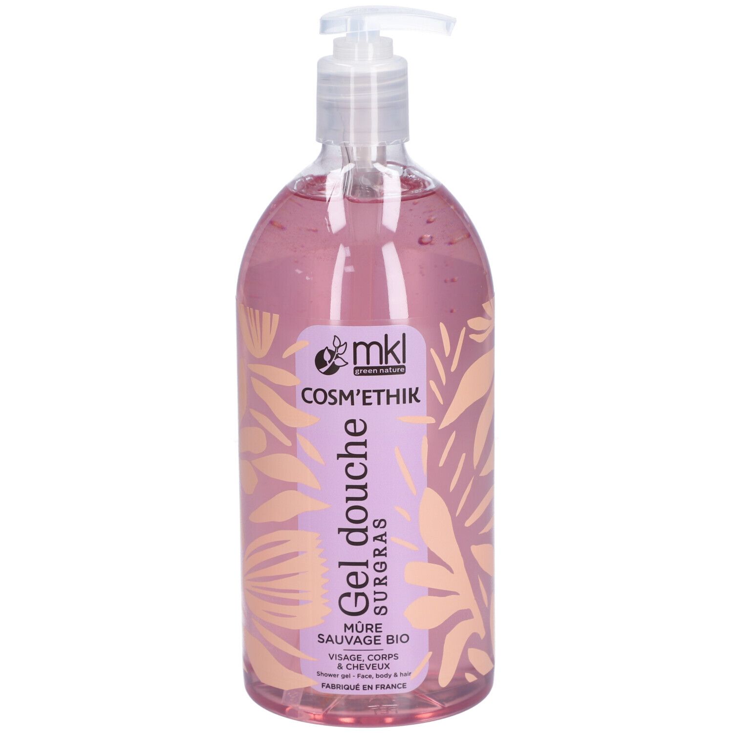 Transparante fles met roze vloeistof en pomp. Etiket met productinfo en logo.