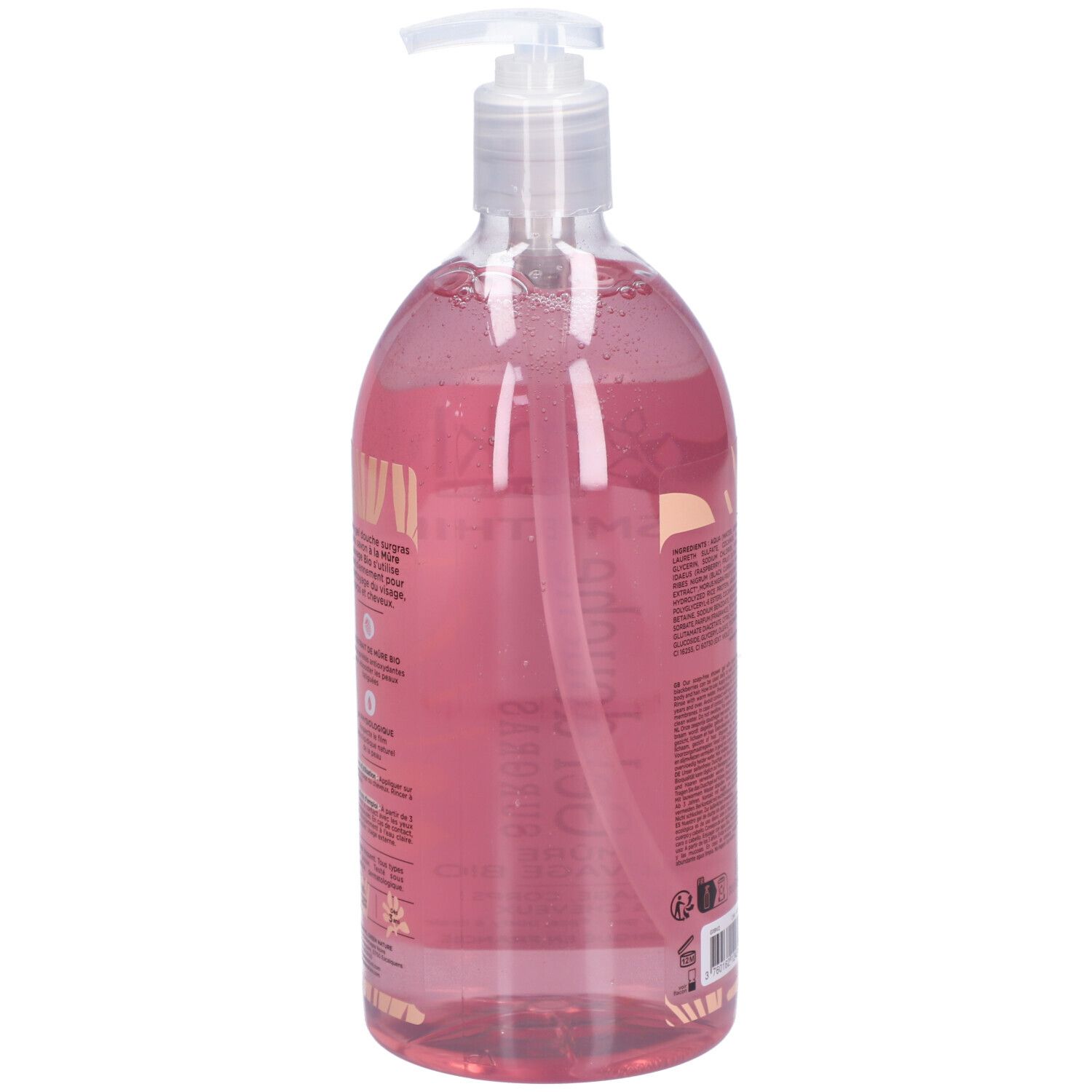Fles met roze vloeistof en pomp. Etiket met productinfo. Zijaanzicht.