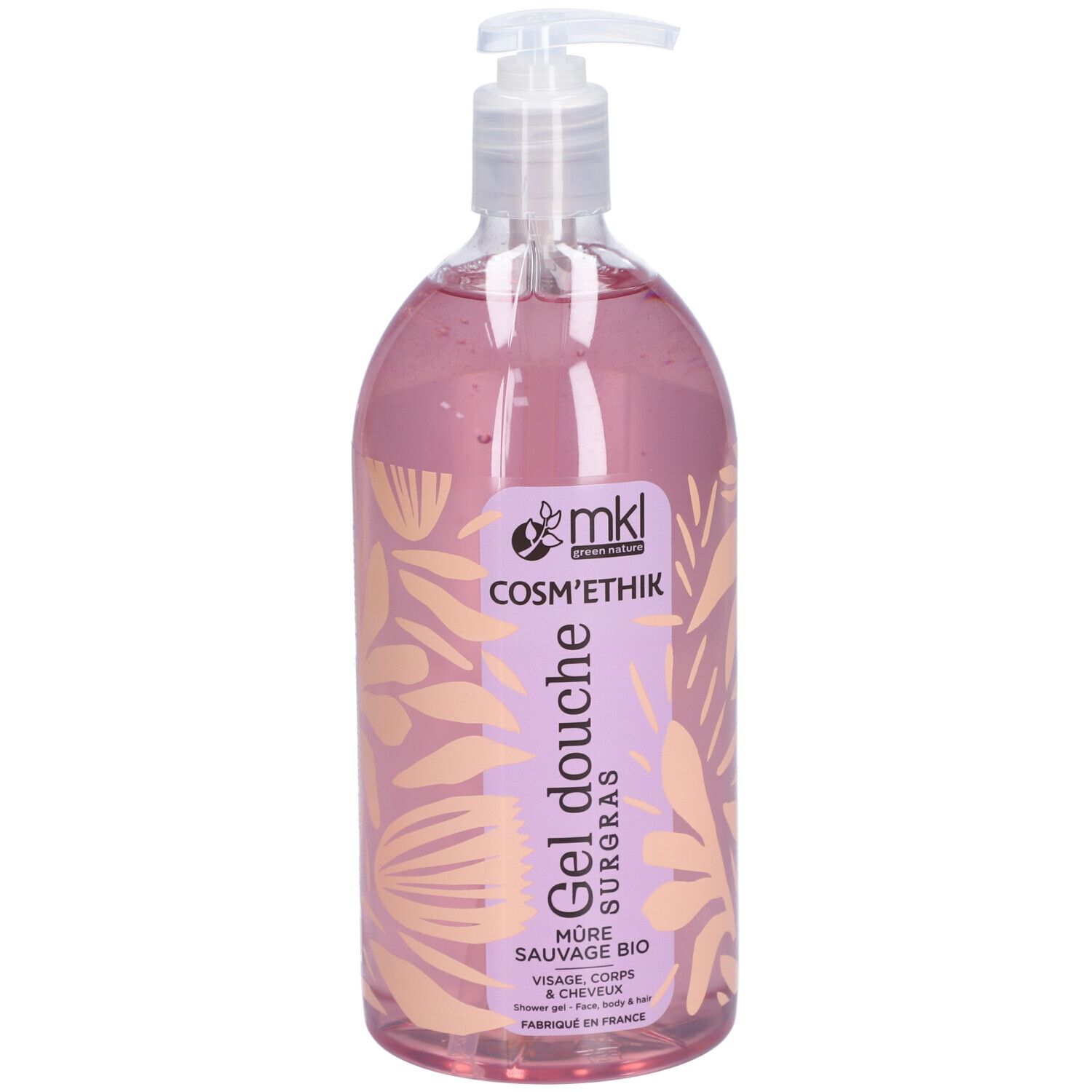 Transparante fles met roze vloeistof en pomp. Etiket met productinfo en logo.