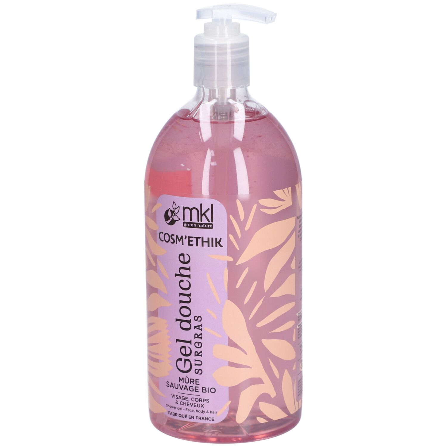 Transparante fles met roze vloeistof en pomp. Etiket met productinfo en logo.