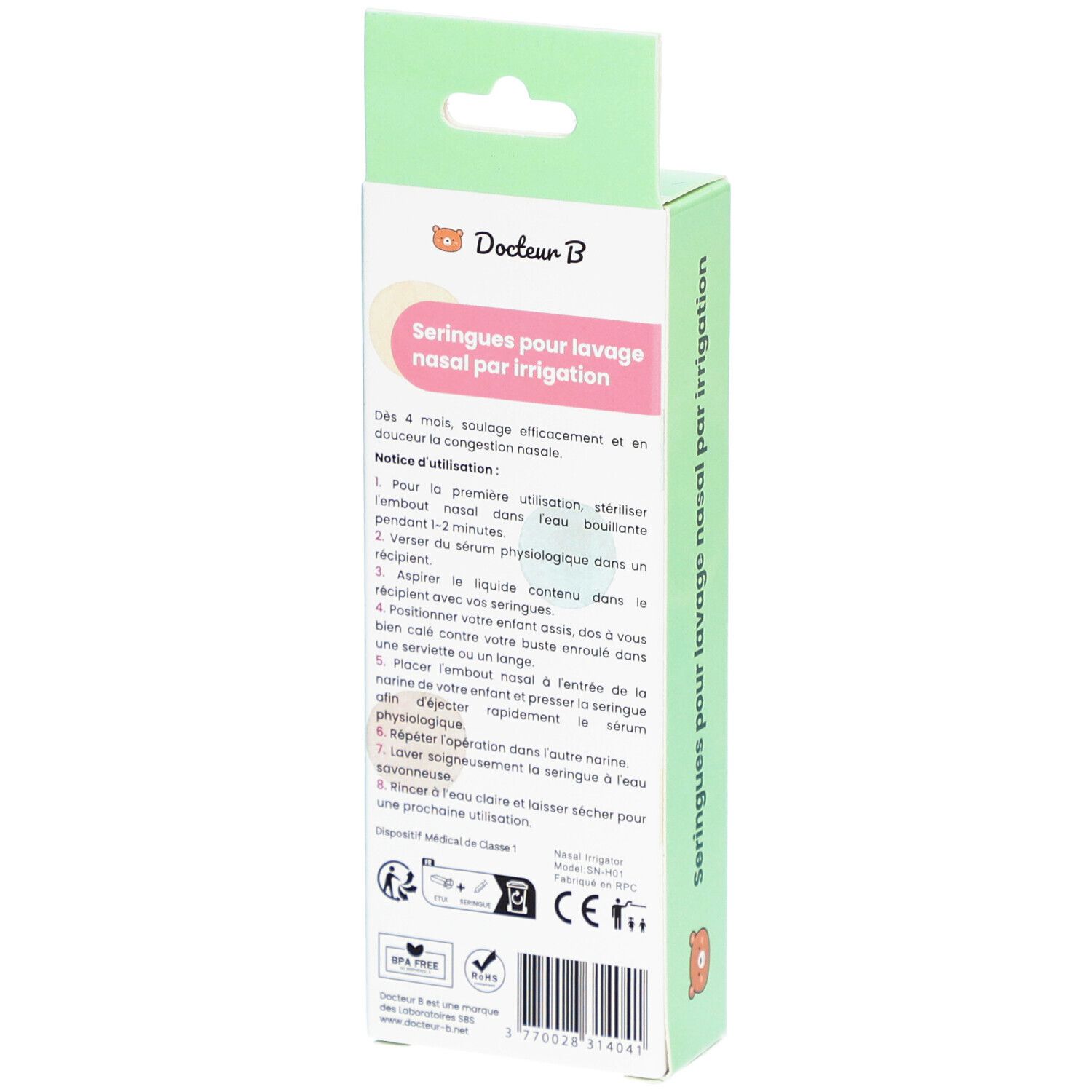 Dos de la boîte de seringues nasales. Texte : Seringues pour lavage nasal par irrigation. Mode d'emploi.