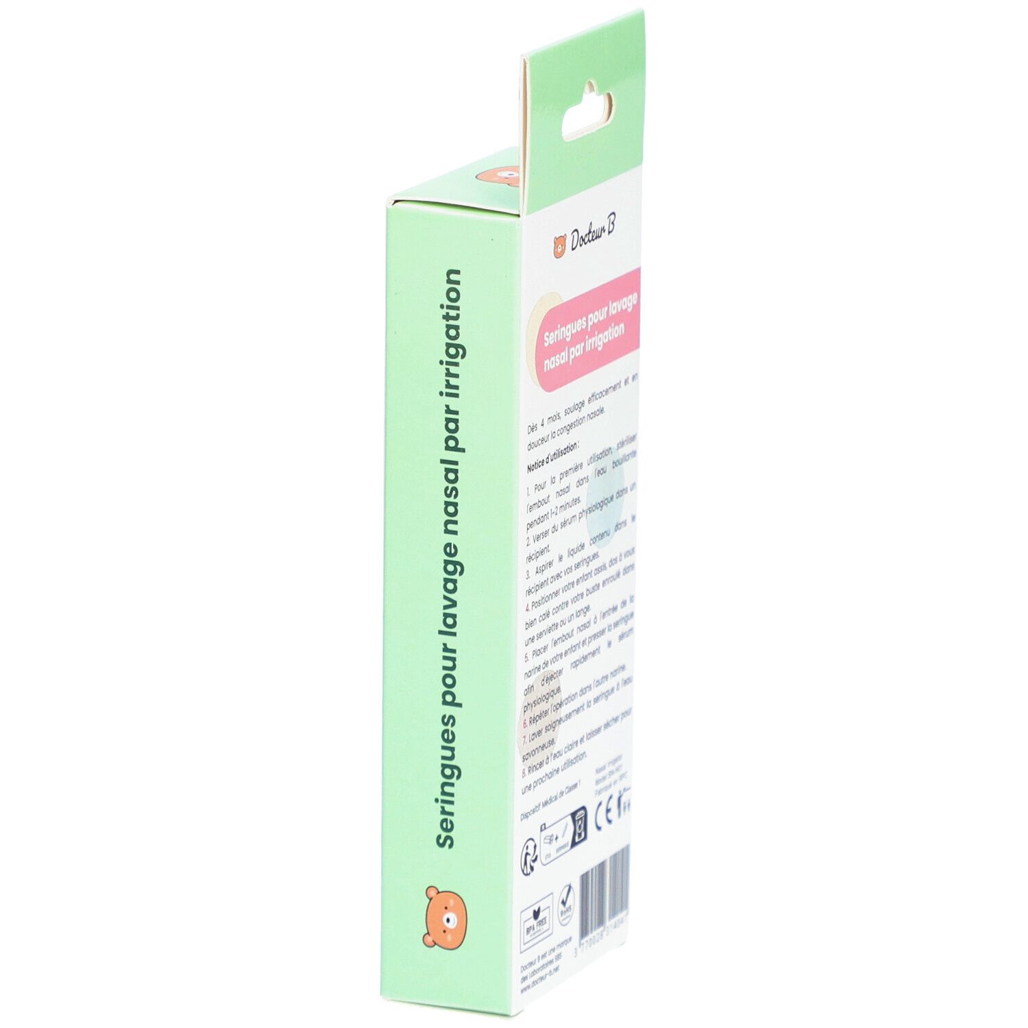 Vue latérale de la boîte de seringues nasales. Texte : Seringues pour lavage nasal par irrigation. Marque Docteur B.