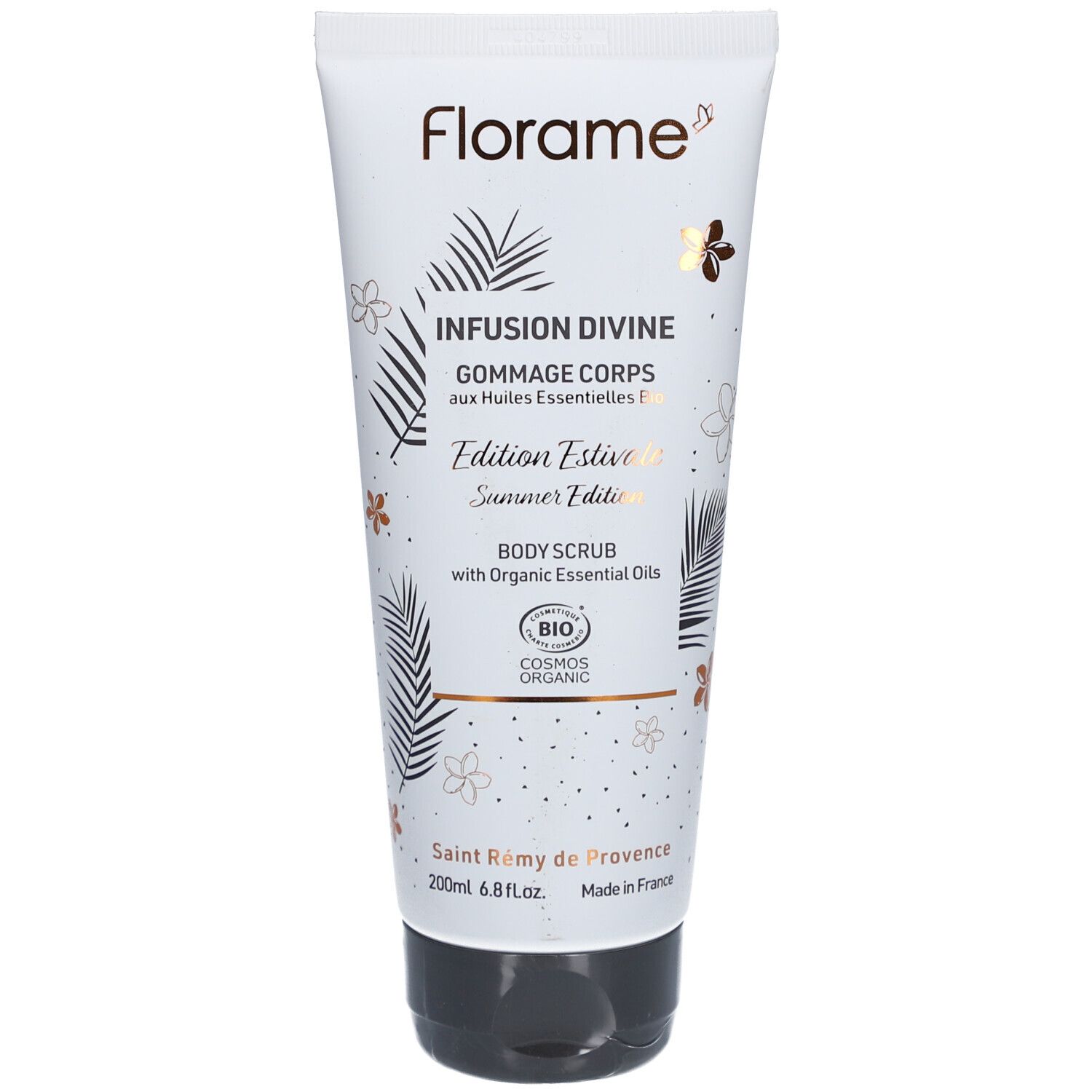 Witte tube FLORAME, opschrift "Infusion Divine Gommage Corps". Gouden bladeren. Bio-certificering. Zwarte dop.
