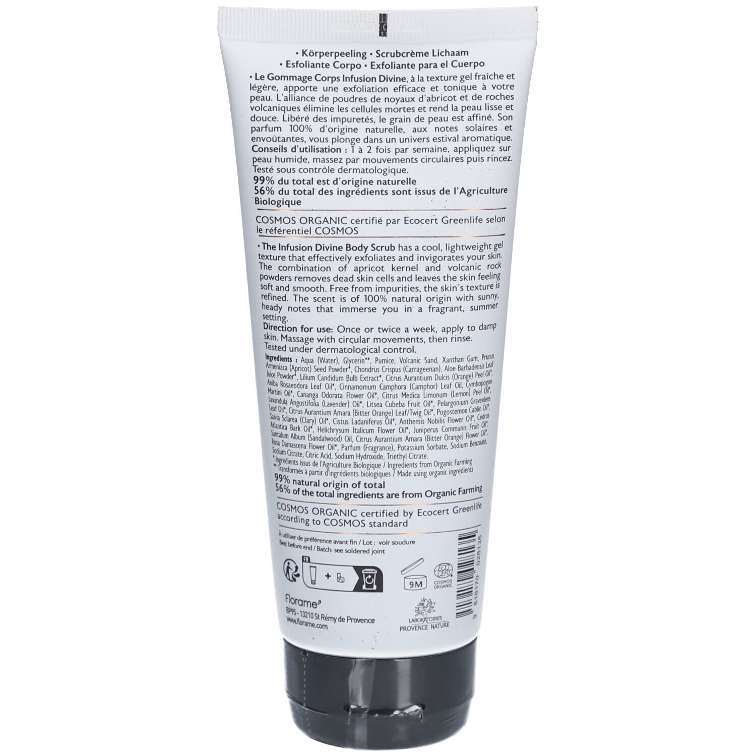 Achterkant van de FLORAME tube. Tekst in het Duits, Frans en Engels. Ingrediënten en bio-certificering. Zwarte dop.