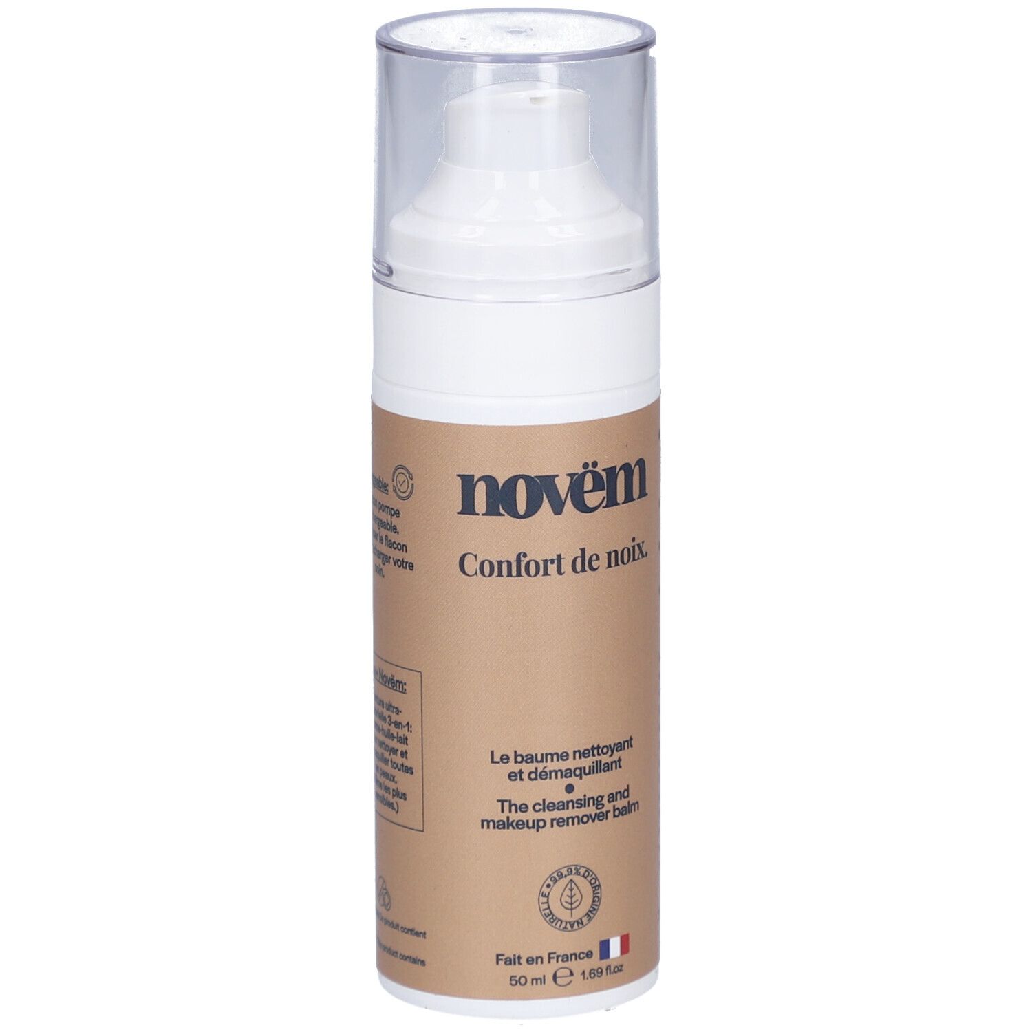 Flacon blanc avec bouchon transparent. Étiquette marron avec marque novëm, nom et description du produit.