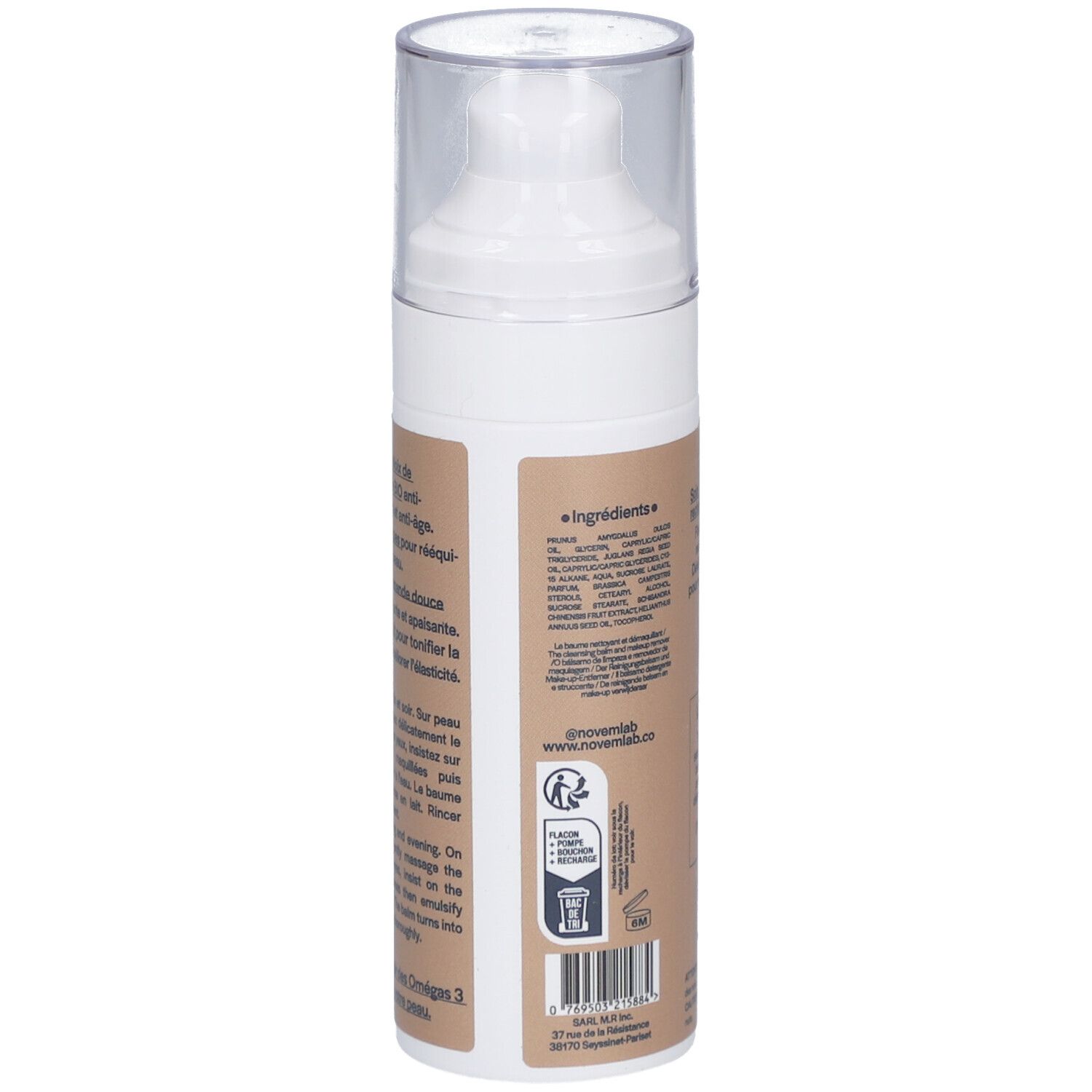 Dos du flacon. Étiquette marron avec ingrédients, informations, code QR et logo de recyclage.