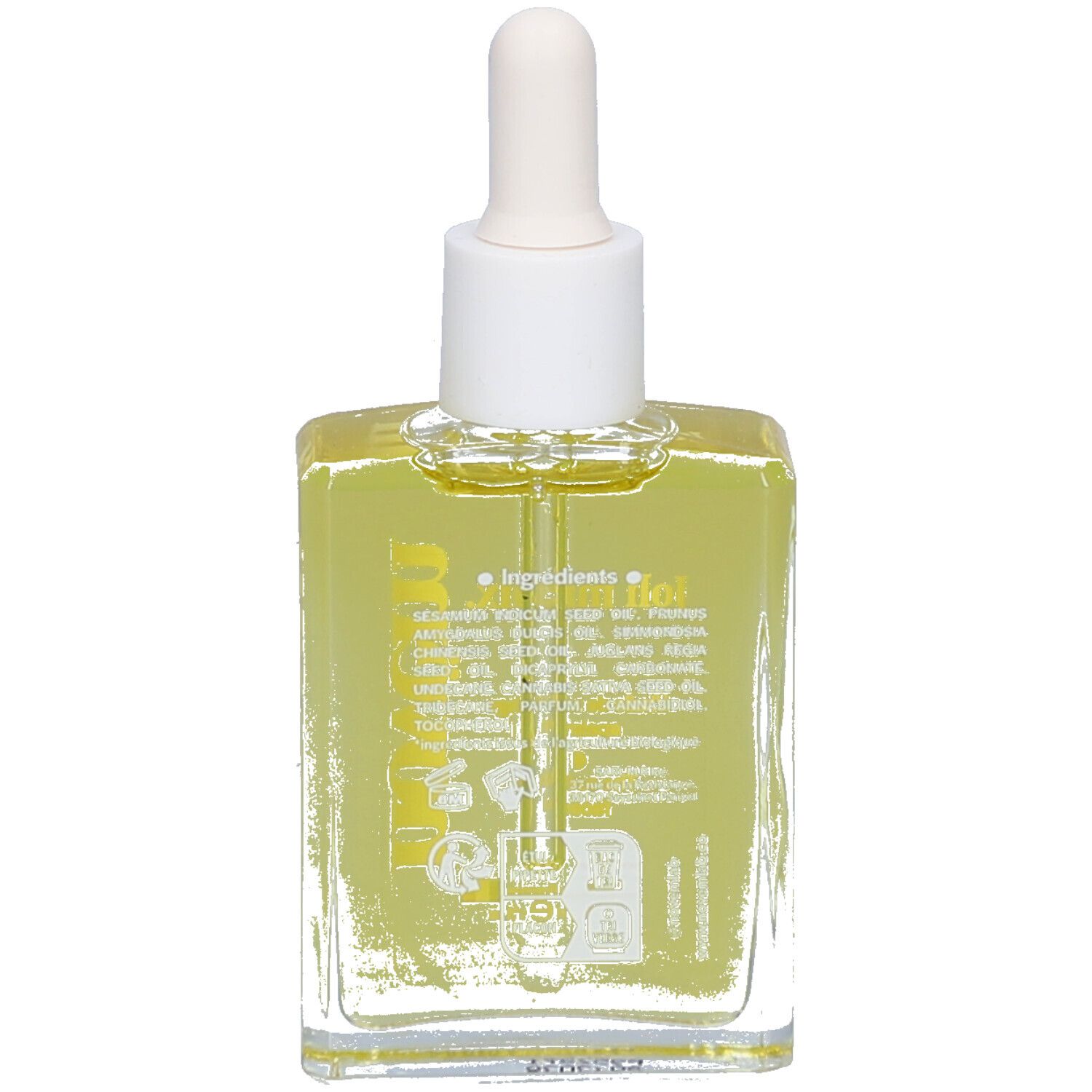 Transparante glazen fles met witte dop en pipet. Geelachtige vloeistof zichtbaar. Opschrift: Ingrediënten.