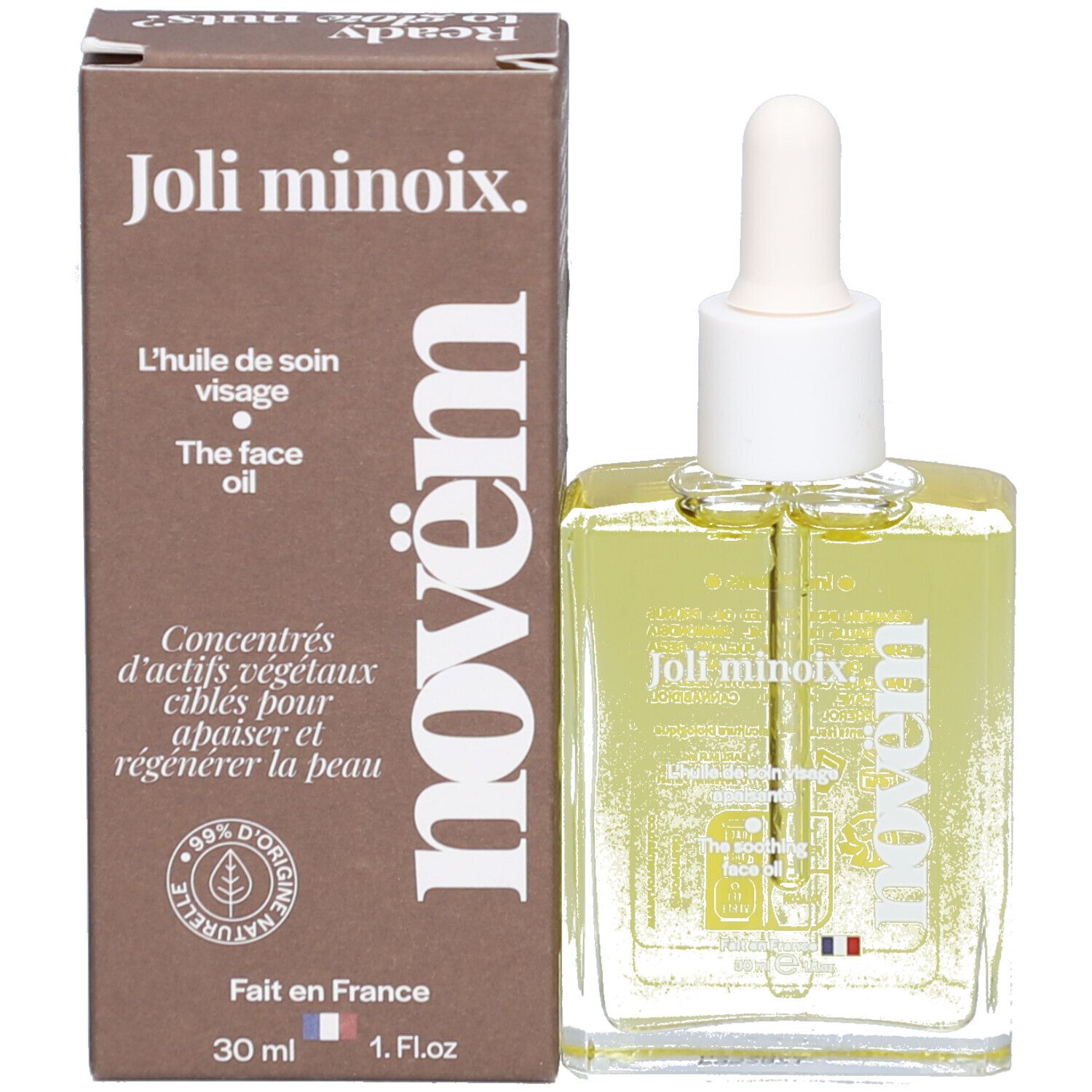 Productfles en verpakking. Fles met pipet. Bruine verpakking met opschrift: Joli minoix., novem.