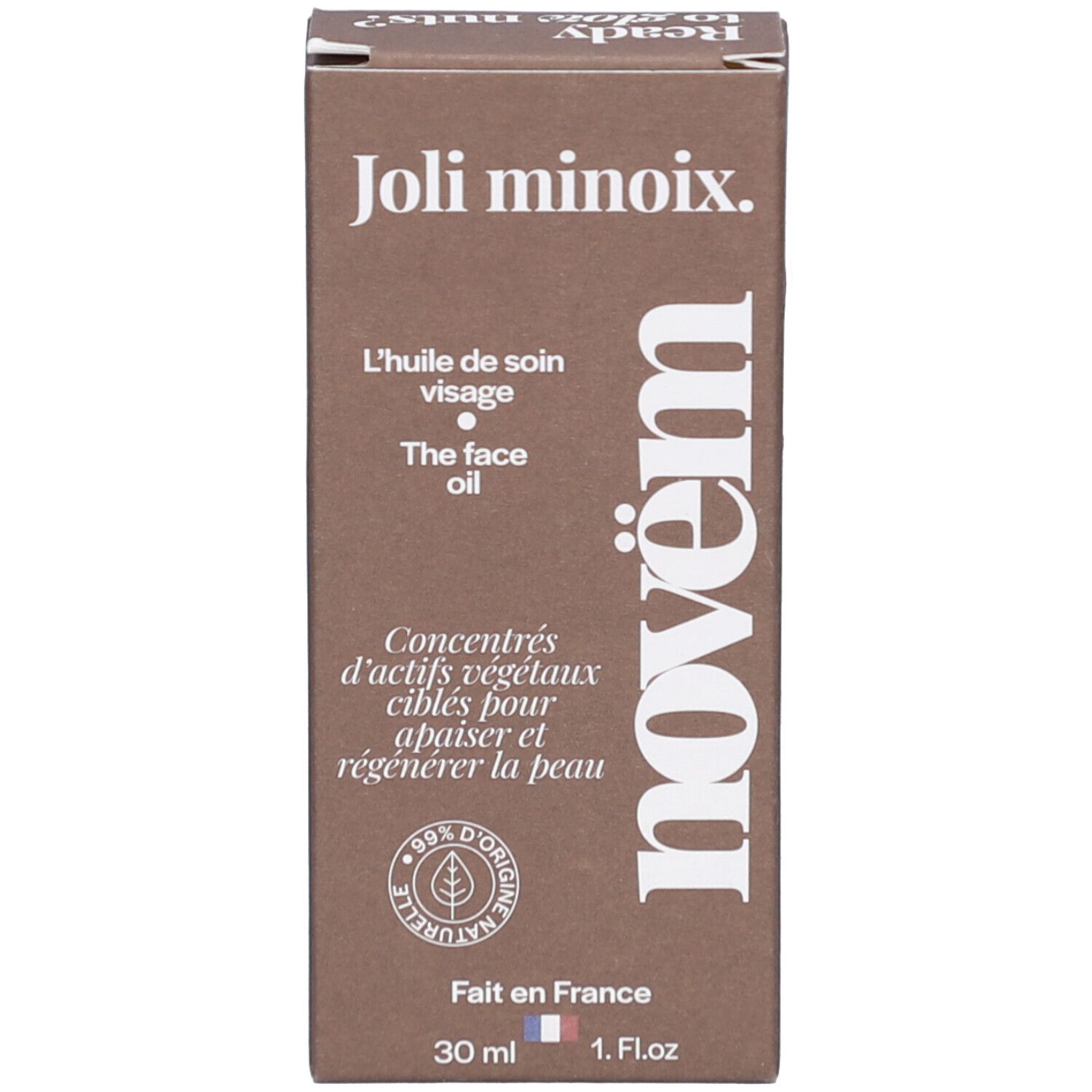 Bruine verpakking met opschrift: Joli minoix., L'huile de soin visage, novem. 30 ml. Gemaakt in Frankrijk.