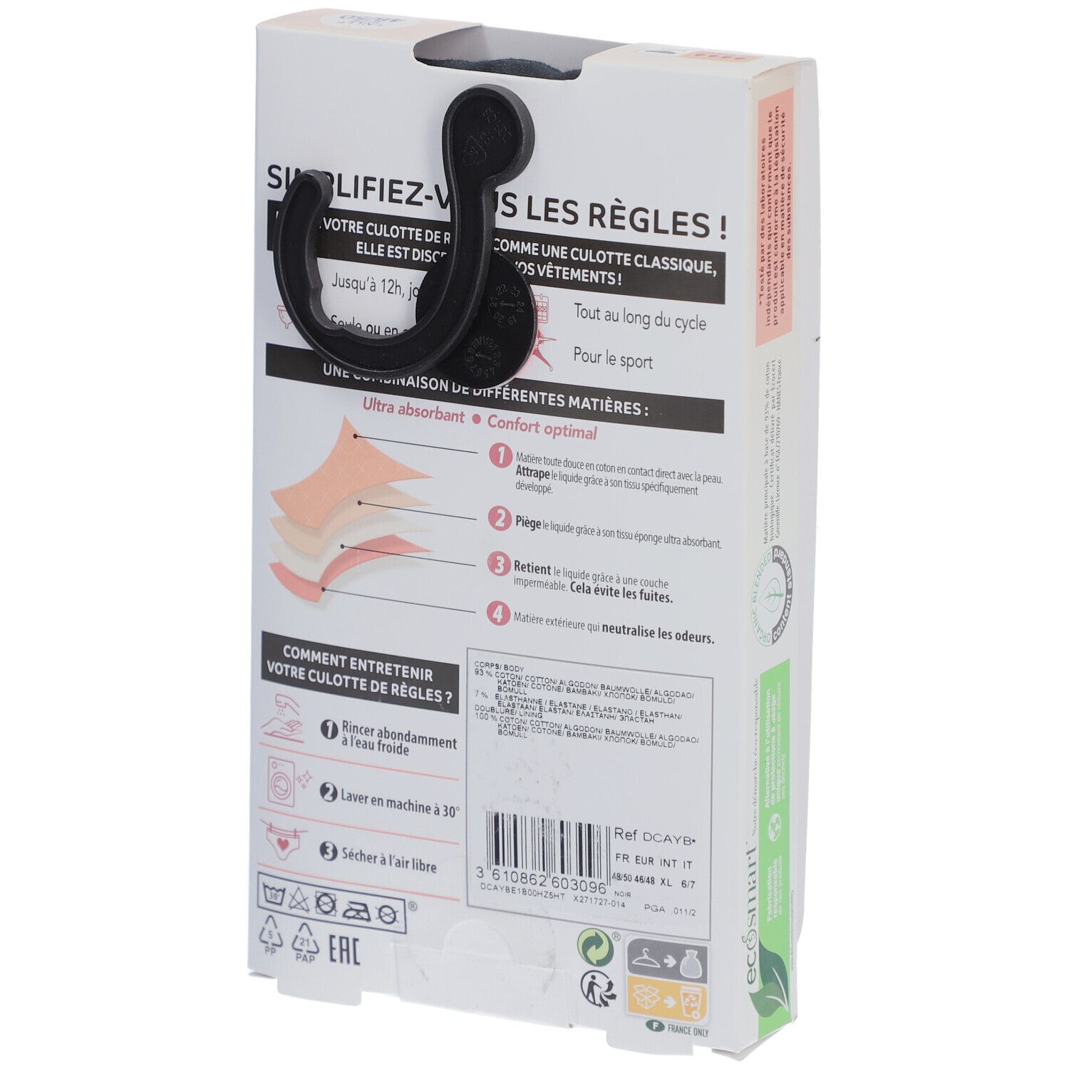 DIM Protect Culotte de règles Lavable - Boxer - Coton bio - Flux Abondant - 48/50