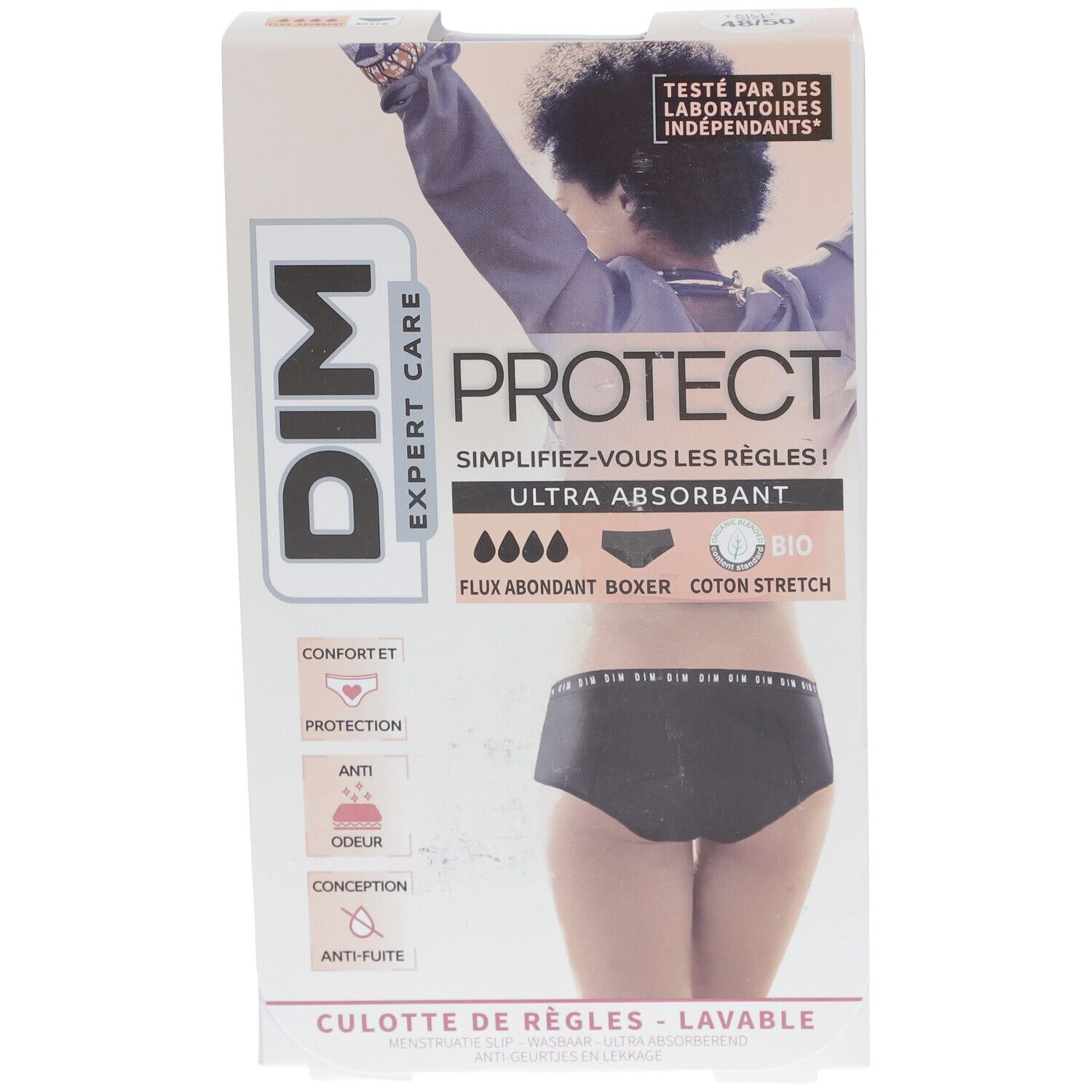 DIM Protect Culotte de règles Lavable - Boxer - Coton bio - Flux Abondant - 48/50