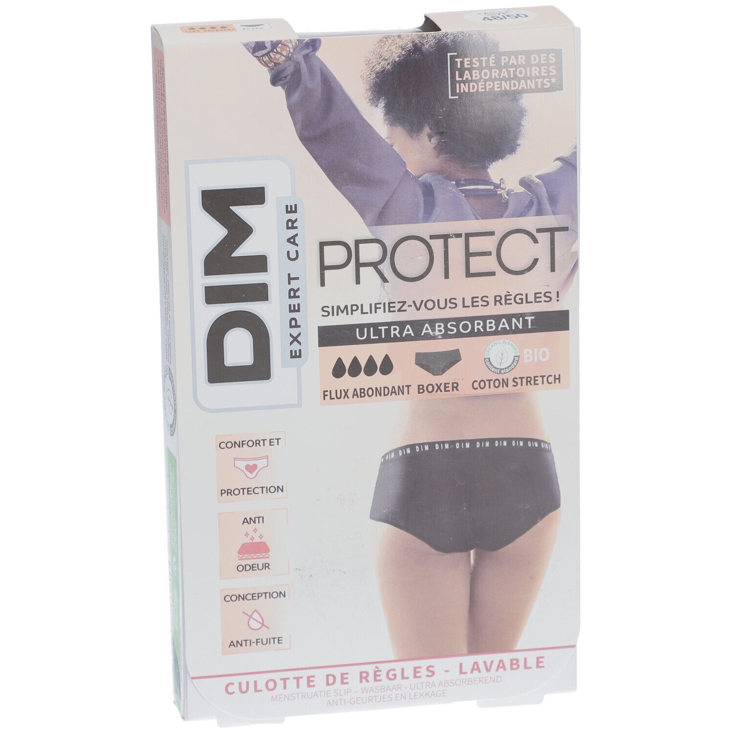 DIM Protect Culotte de règles Lavable - Boxer - Coton bio - Flux Abondant - 48/50