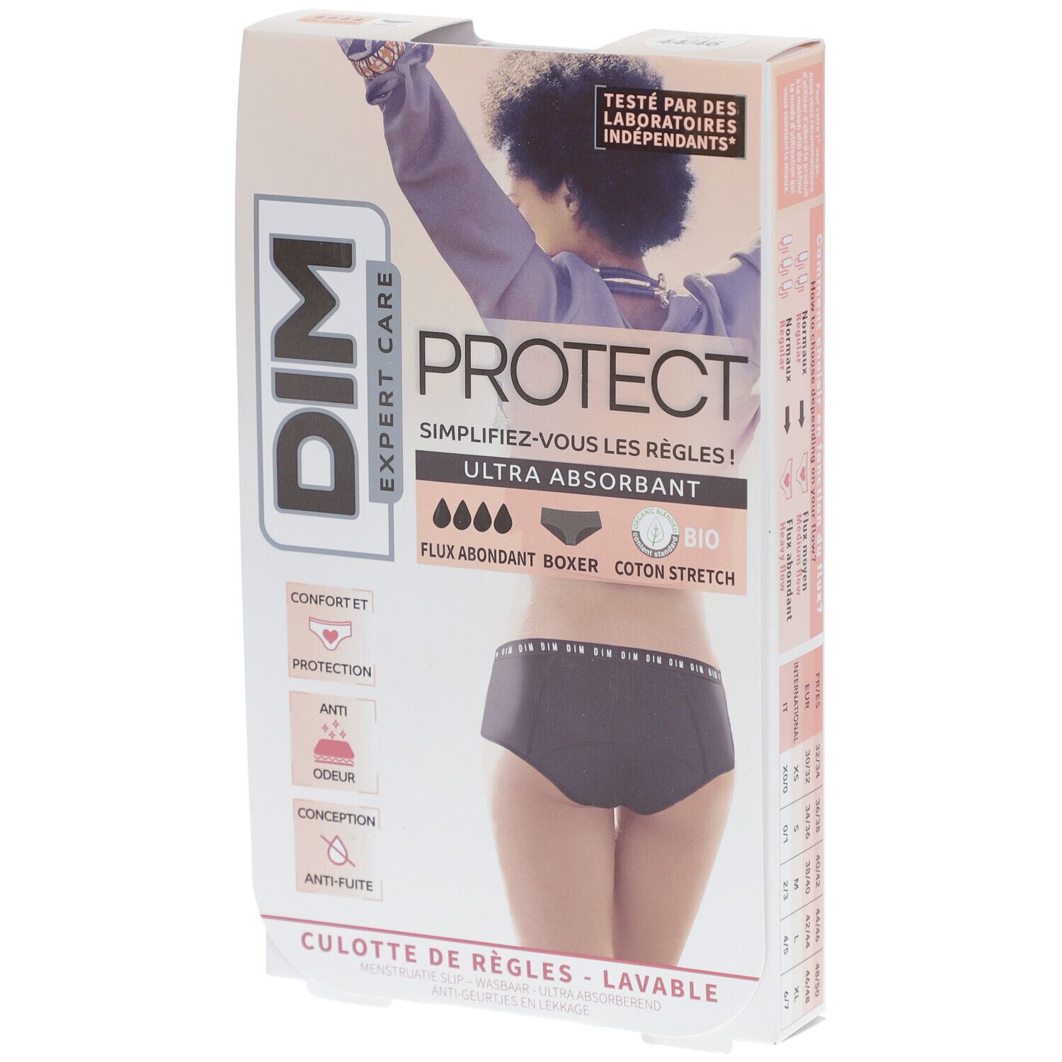 DIM Protect Culotte de règles Lavable - Boxer - Coton bio - Flux Abondant - 44/46