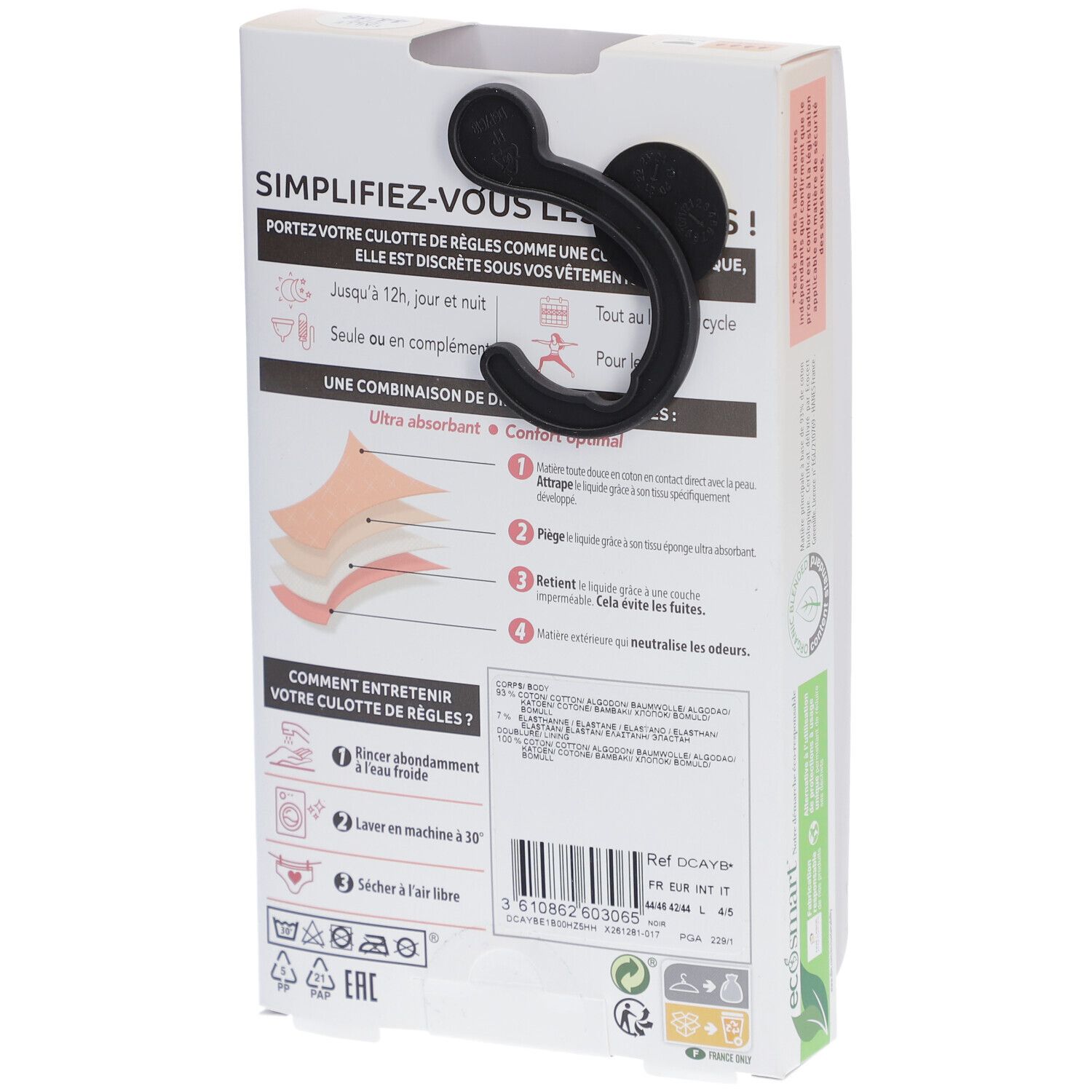 DIM Protect Culotte de règles Lavable - Boxer - Coton bio - Flux Abondant - 44/46