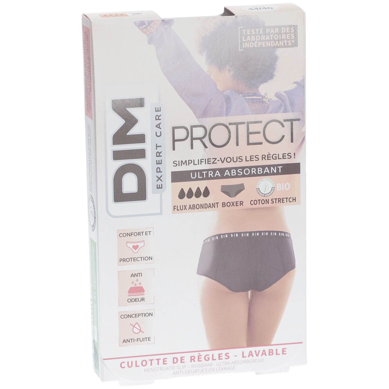 DIM Protect Culotte de règles Lavable - Boxer - Coton bio - Flux Abondant - 44/46