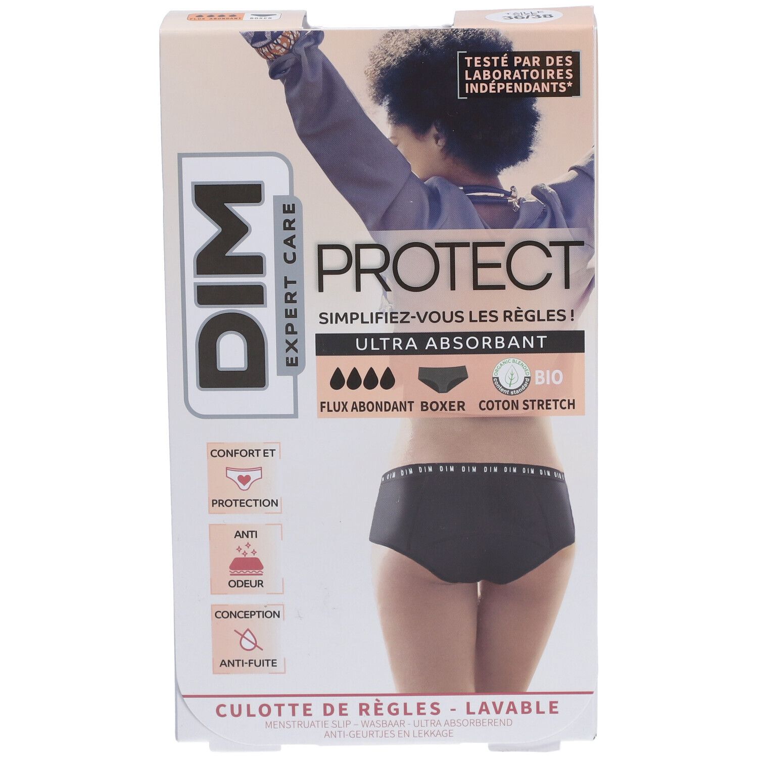 DIM Protect Culotte de règles Lavable - Boxer - Coton bio - Flux Abondant - 36/38