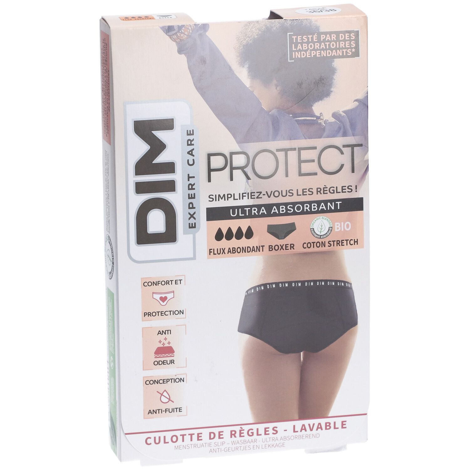 DIM Protect Culotte de règles Lavable - Boxer - Coton bio - Flux Abondant - 36/38