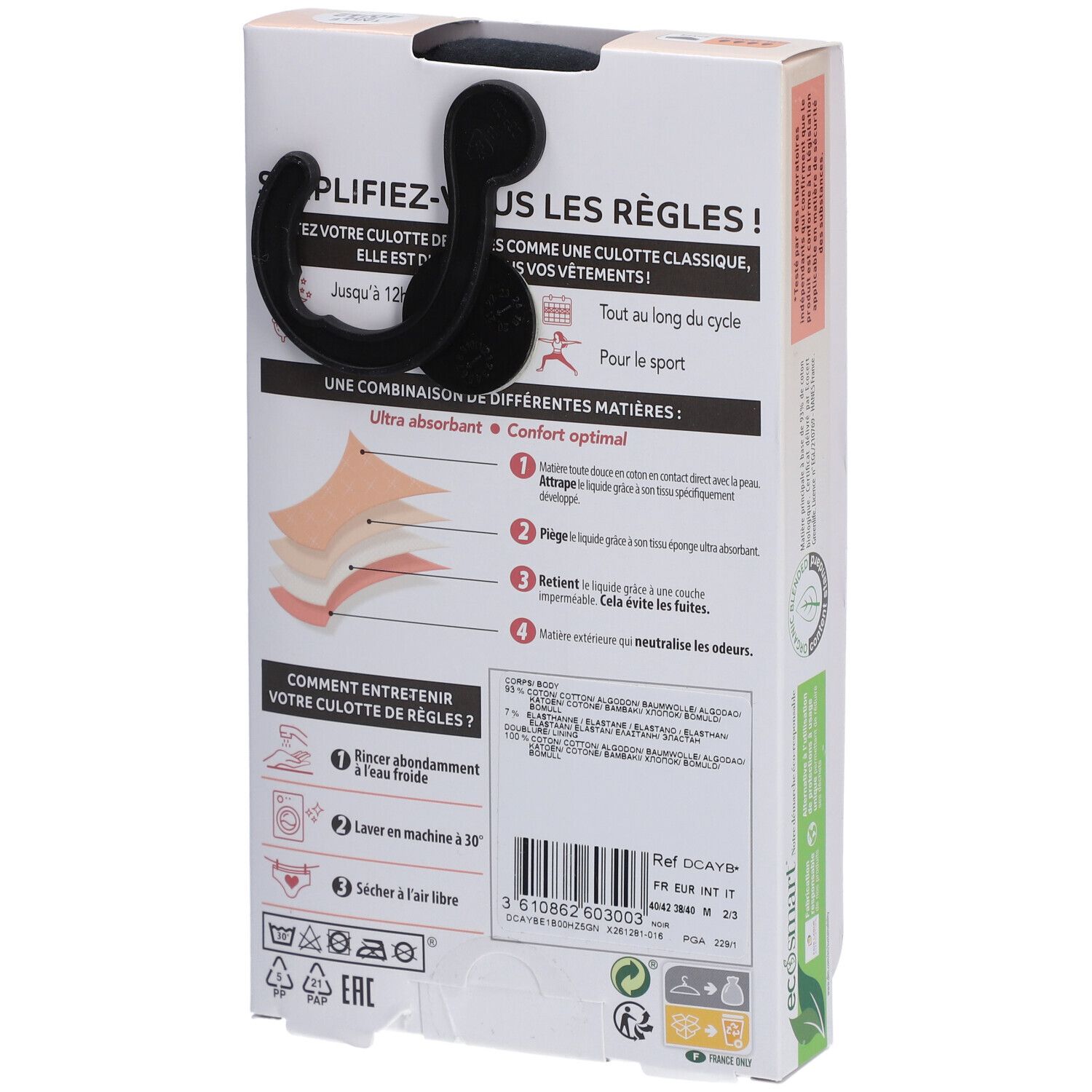 DIM Protect Culotte de règles Lavable - Boxer - Coton bio - Flux Abondant - 40/42