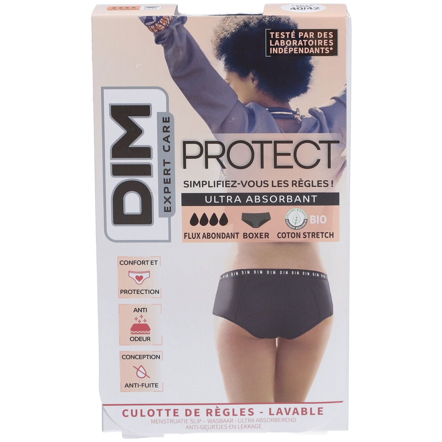 DIM Protect Culotte de règles Lavable - Boxer - Coton bio - Flux Abondant - 40/42