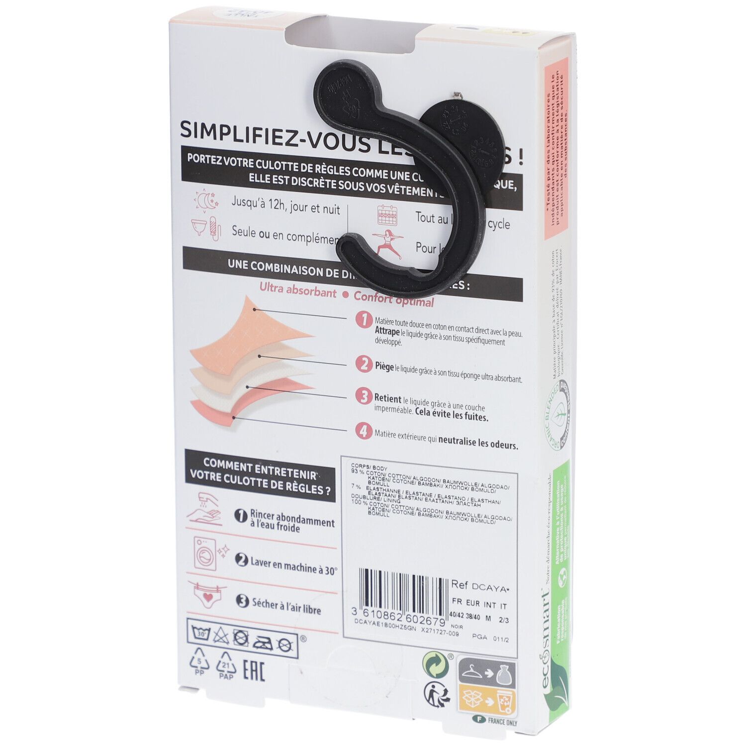 DIM Protect Culotte de règles Lavable - Boxer - Coton bio - Flux Moyen - 40/42