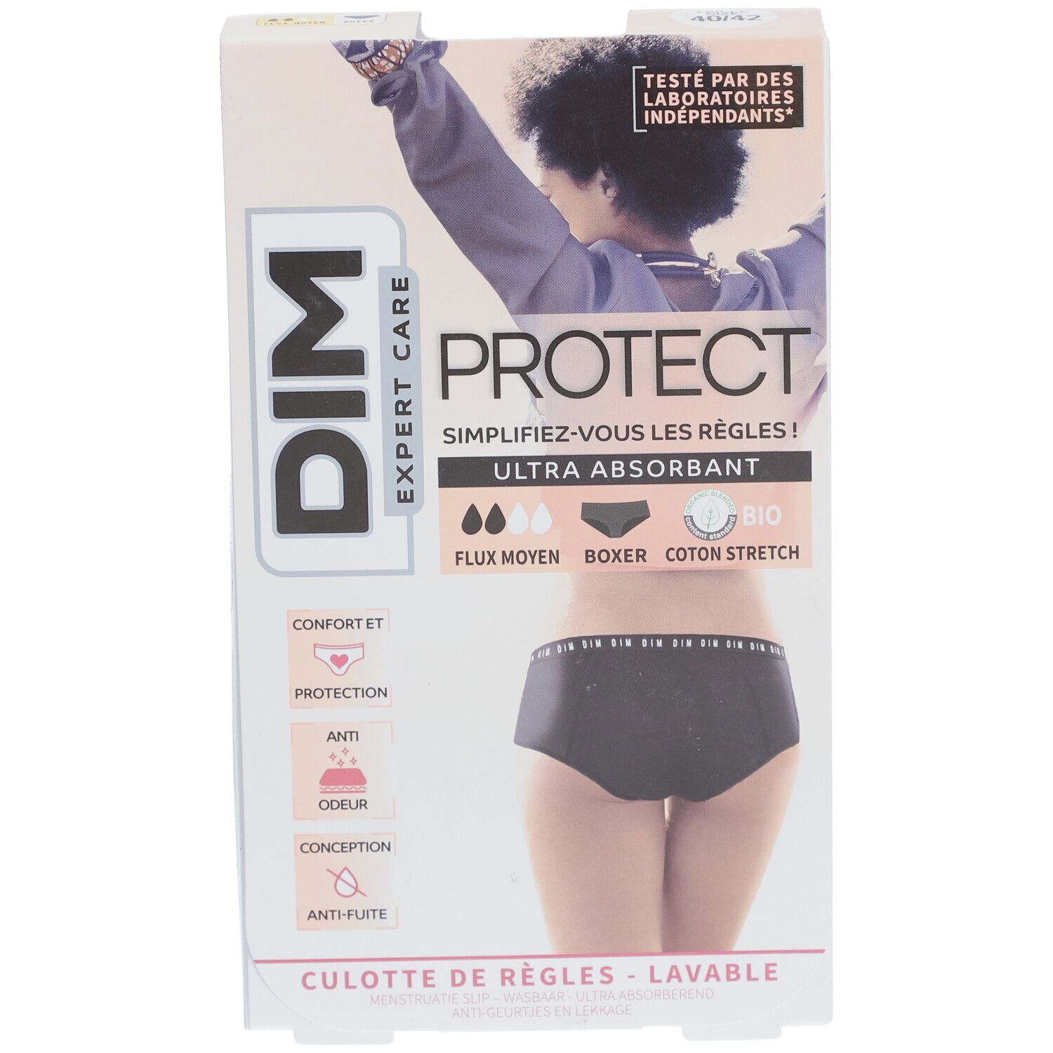 DIM Protect Culotte de règles Lavable - Boxer - Coton bio - Flux Moyen - 40/42