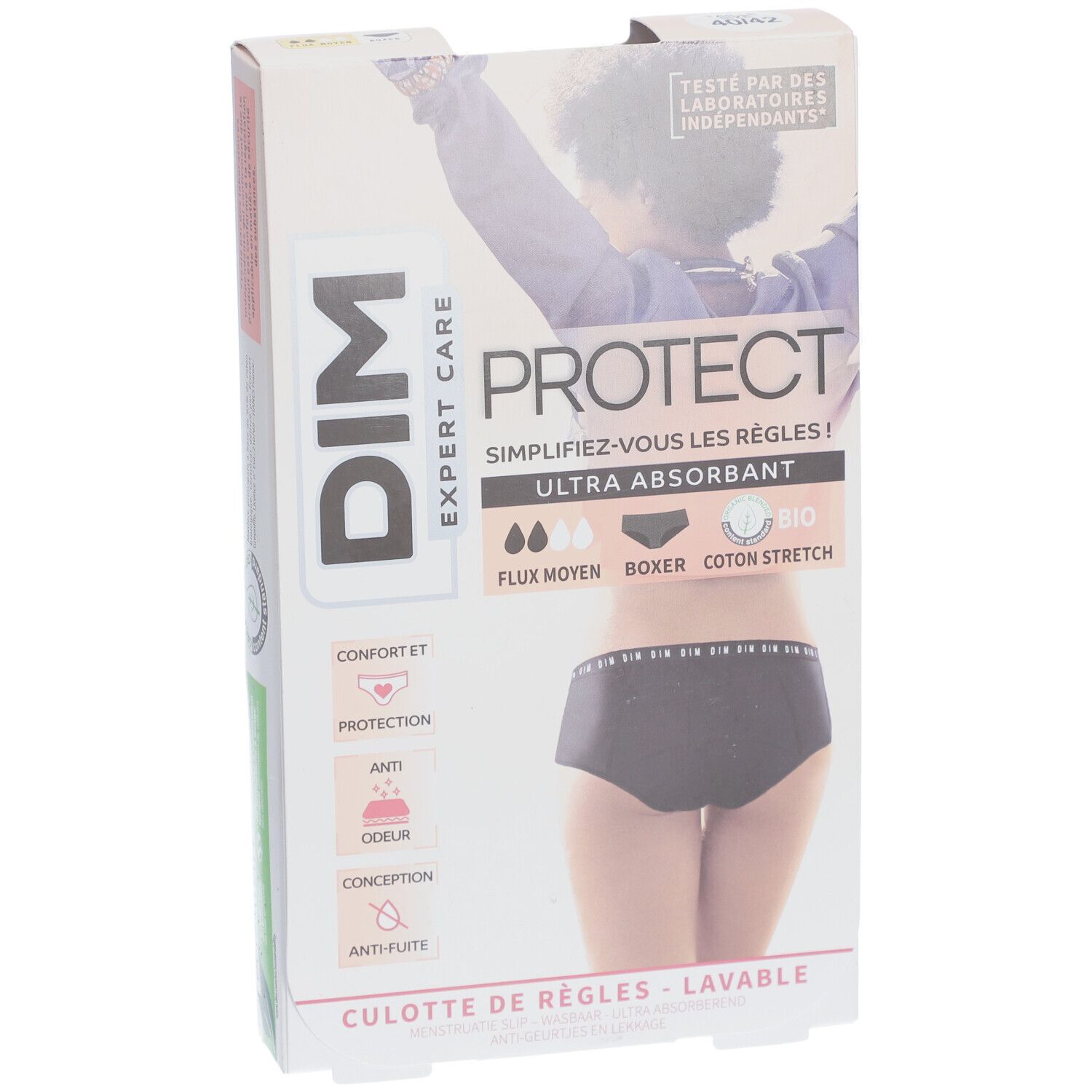 DIM Protect Culotte de règles Lavable - Boxer - Coton bio - Flux Moyen - 40/42