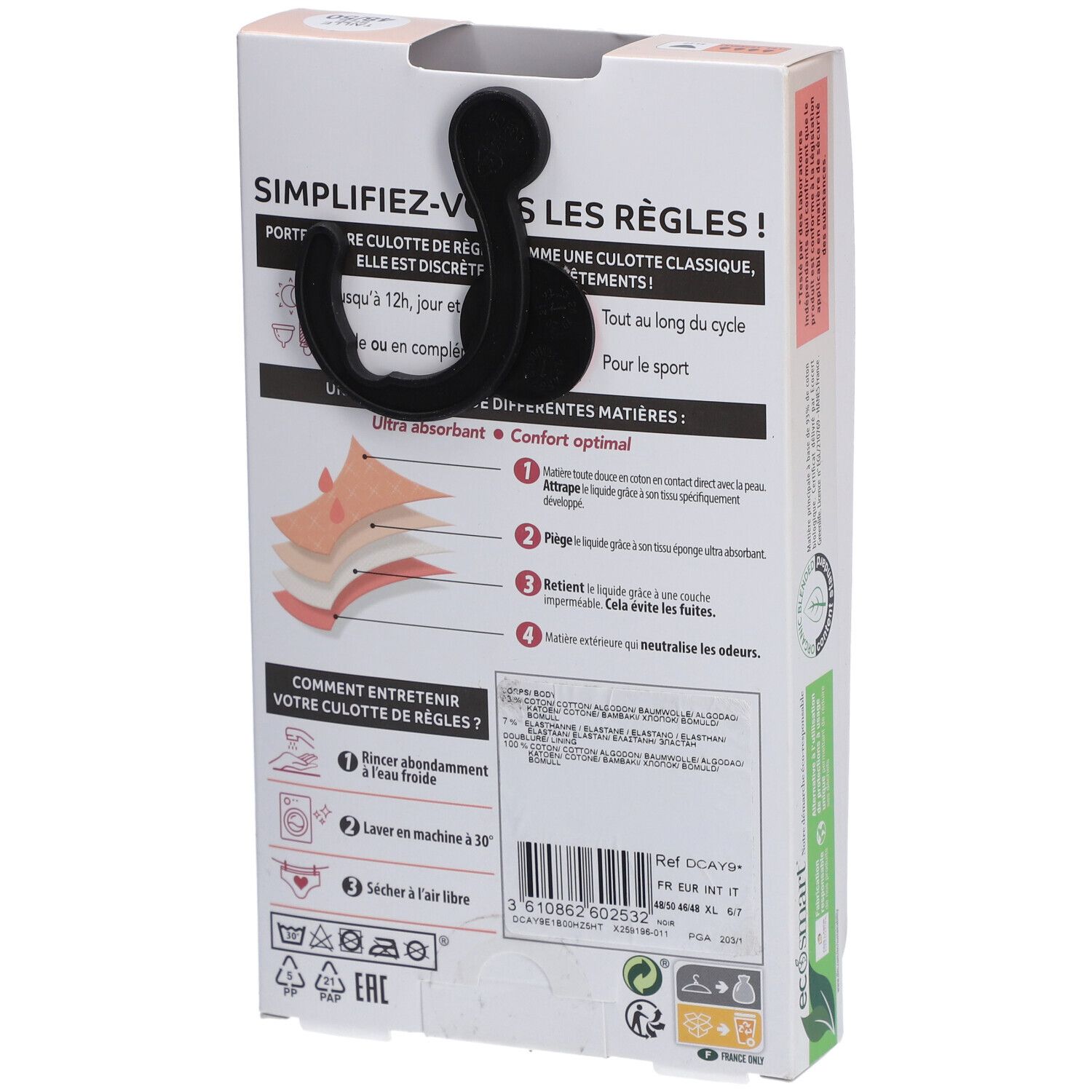 DIM Protect Culotte de règles Lavable - Slip - Coton bio - Flux Abondant - 48/50