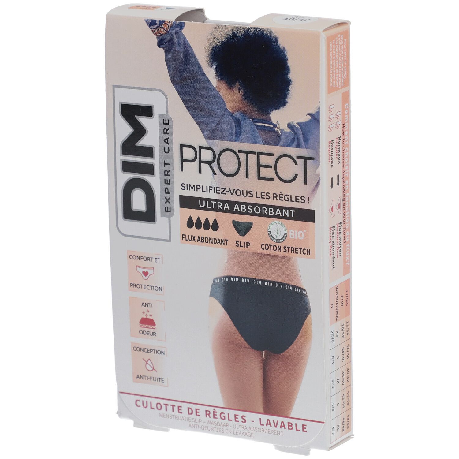 DIM Protect Culotte de règles Lavable - Slip - Coton bio - Flux Abondant - 40/42