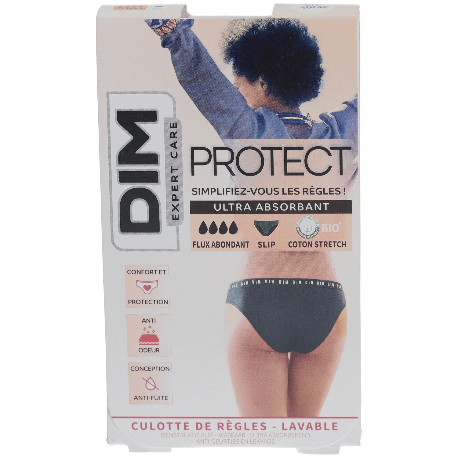DIM Protect Culotte de règles Lavable - Slip - Coton bio - Flux Abondant - 40/42
