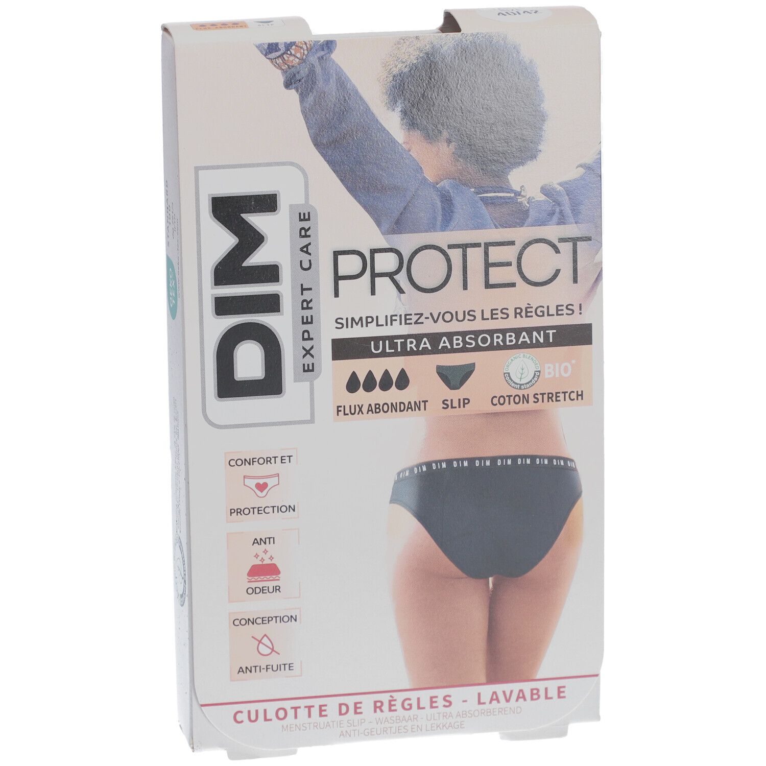 DIM Protect Culotte de règles Lavable - Slip - Coton bio - Flux Abondant - 40/42